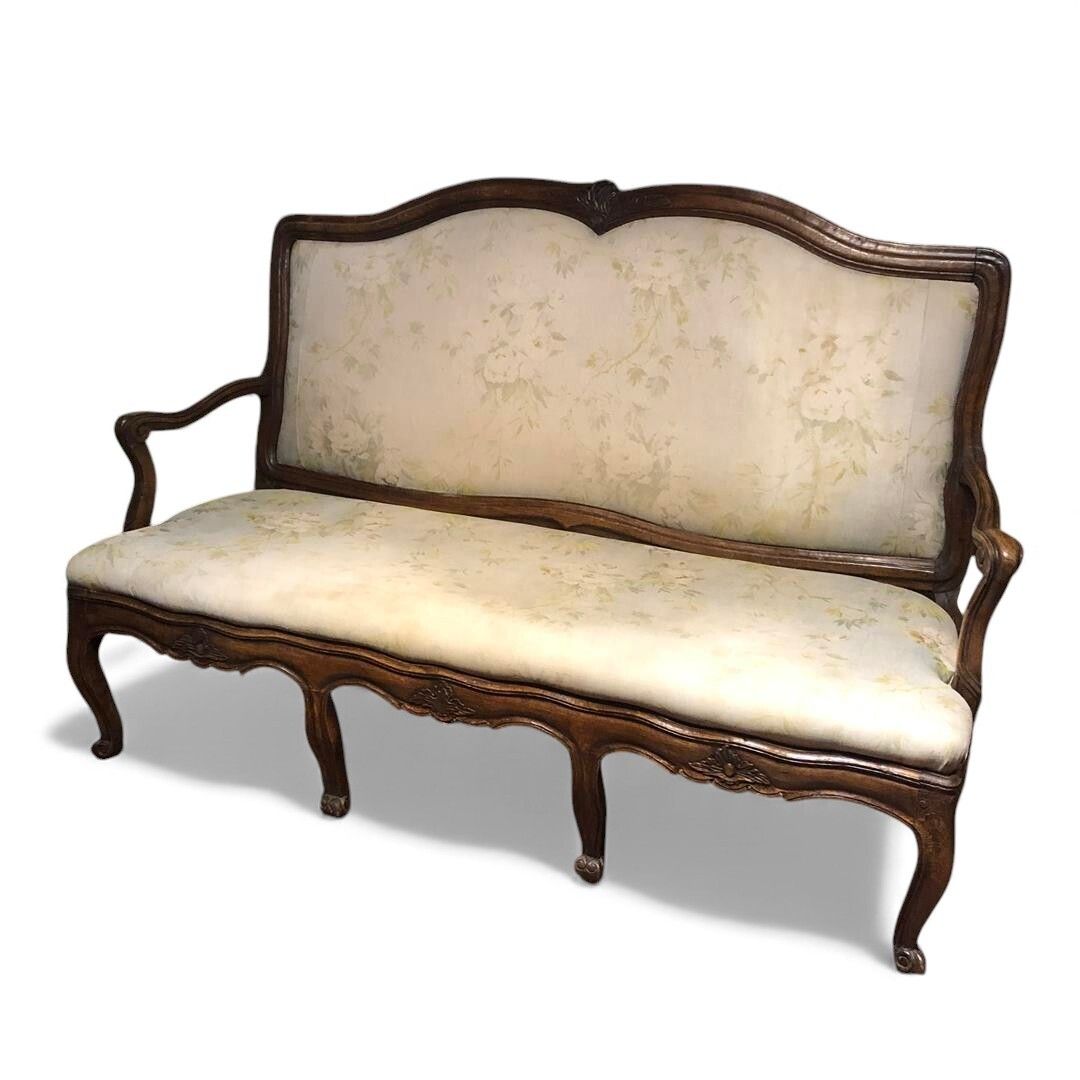 Antique French Oak Framed Settee With Wooden Arms C.1860
