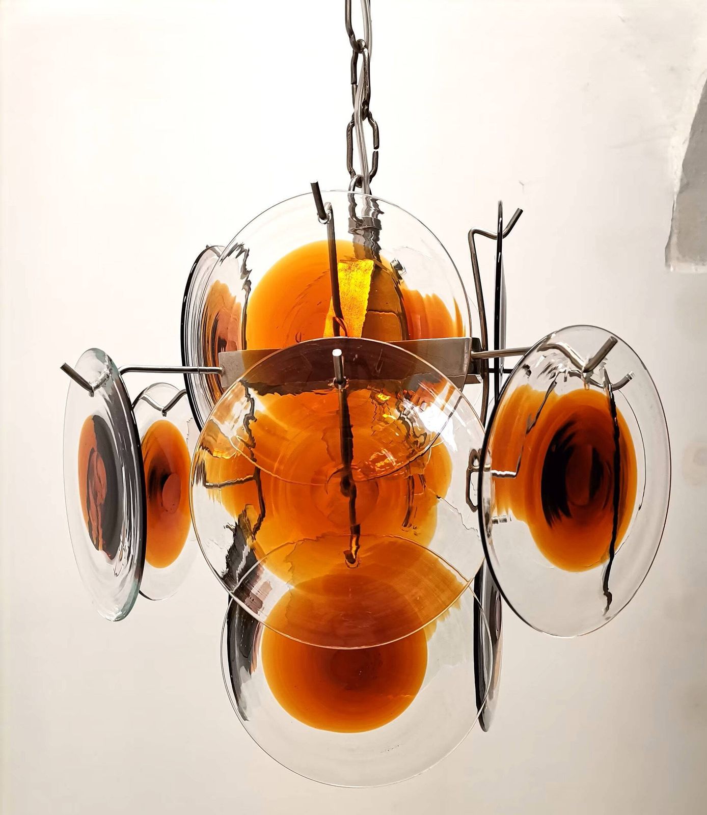 Vintage Murano Disc Chandelier With 16 Glass Discs /For Mazzega / Space Age / 1960s Italy / Mid Century Modern photo for sale
