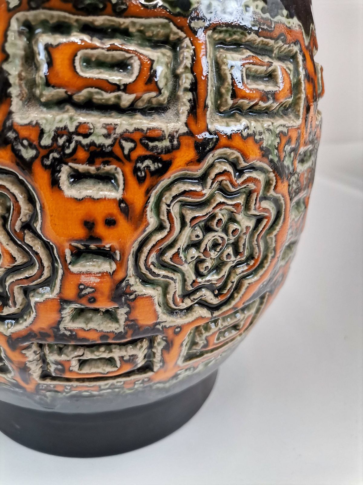 Mid Century Glazed Vase With Relief Carved Pattern / Vintage Vase By U Keramik   Uebelacker Keramik / West German Pottery photo 70.0