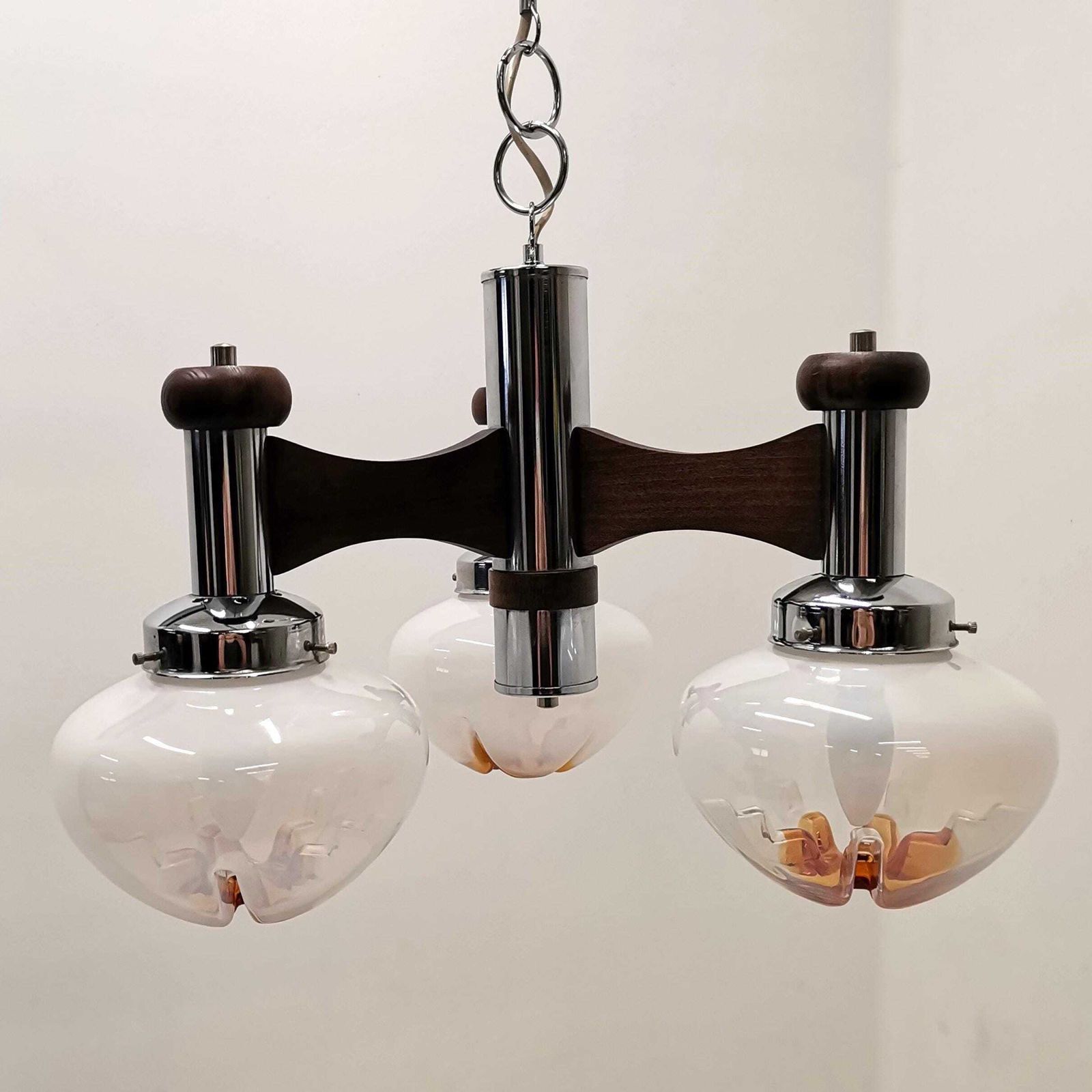 Large Three Arm Mazzega Style Murano Pendant Light / Murano Chandelier With Chrome And Wood / 60s Italy
