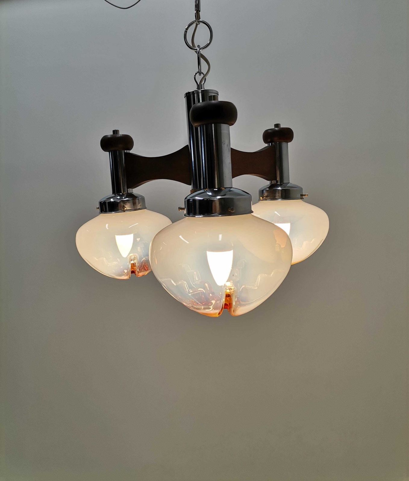 Large Three Arm Mazzega Style Murano Pendant Light / Murano Chandelier With Chrome And Wood / 60s Italy photo vintage