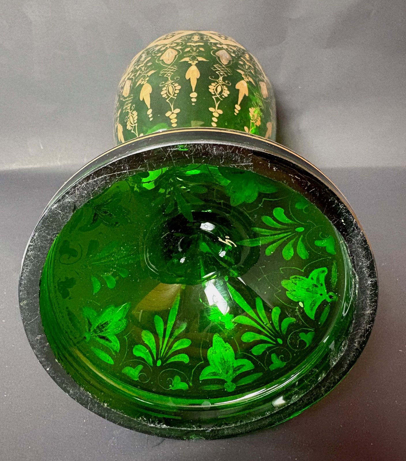 Late 19th‑Century Bohemian Gilt Green Glass Pedestal Vase, C.1880–1900, 32 Cm photo 175.0