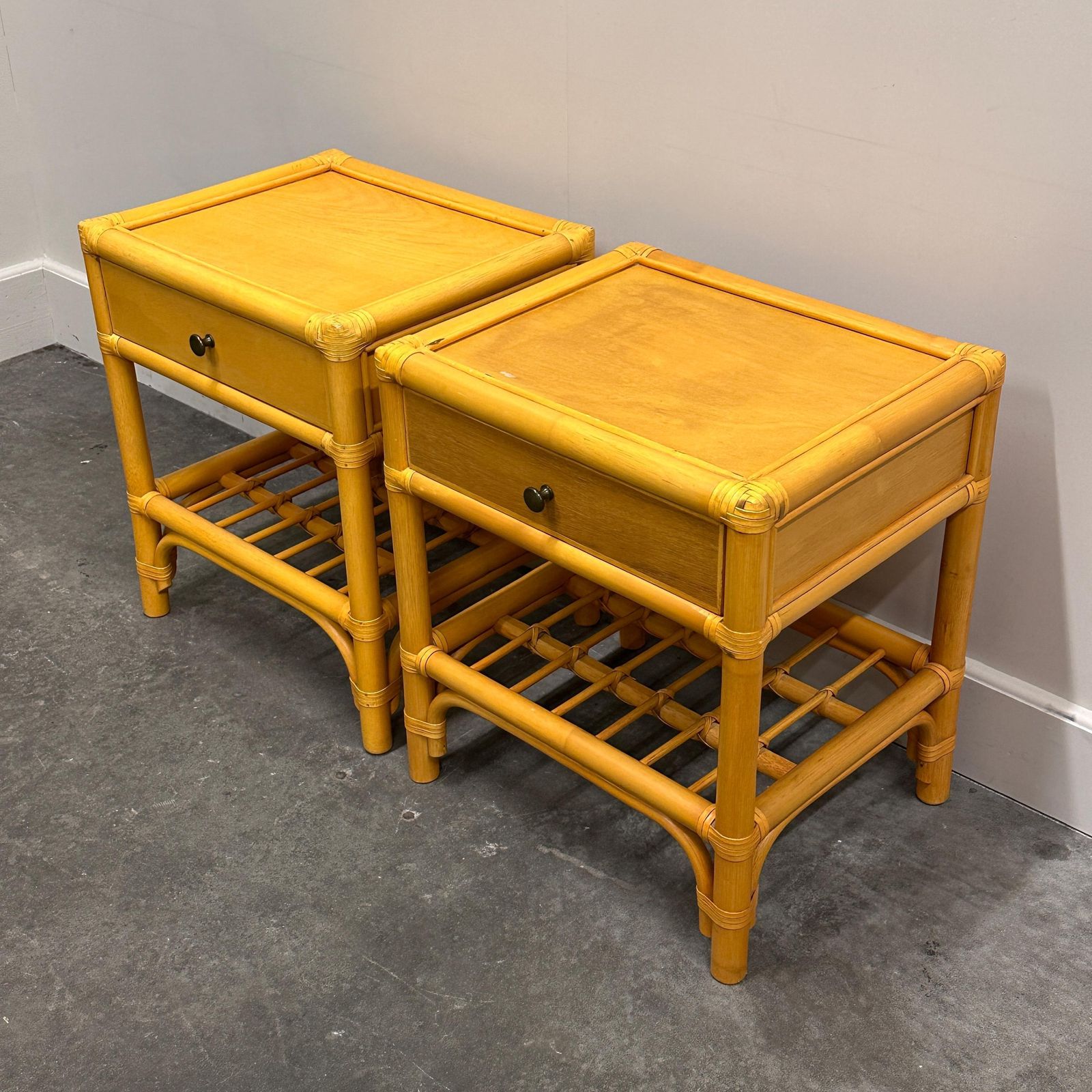 Pair Of Vintage Bamboo & Wood Nightstands With Drawer, 1970s photo vintage