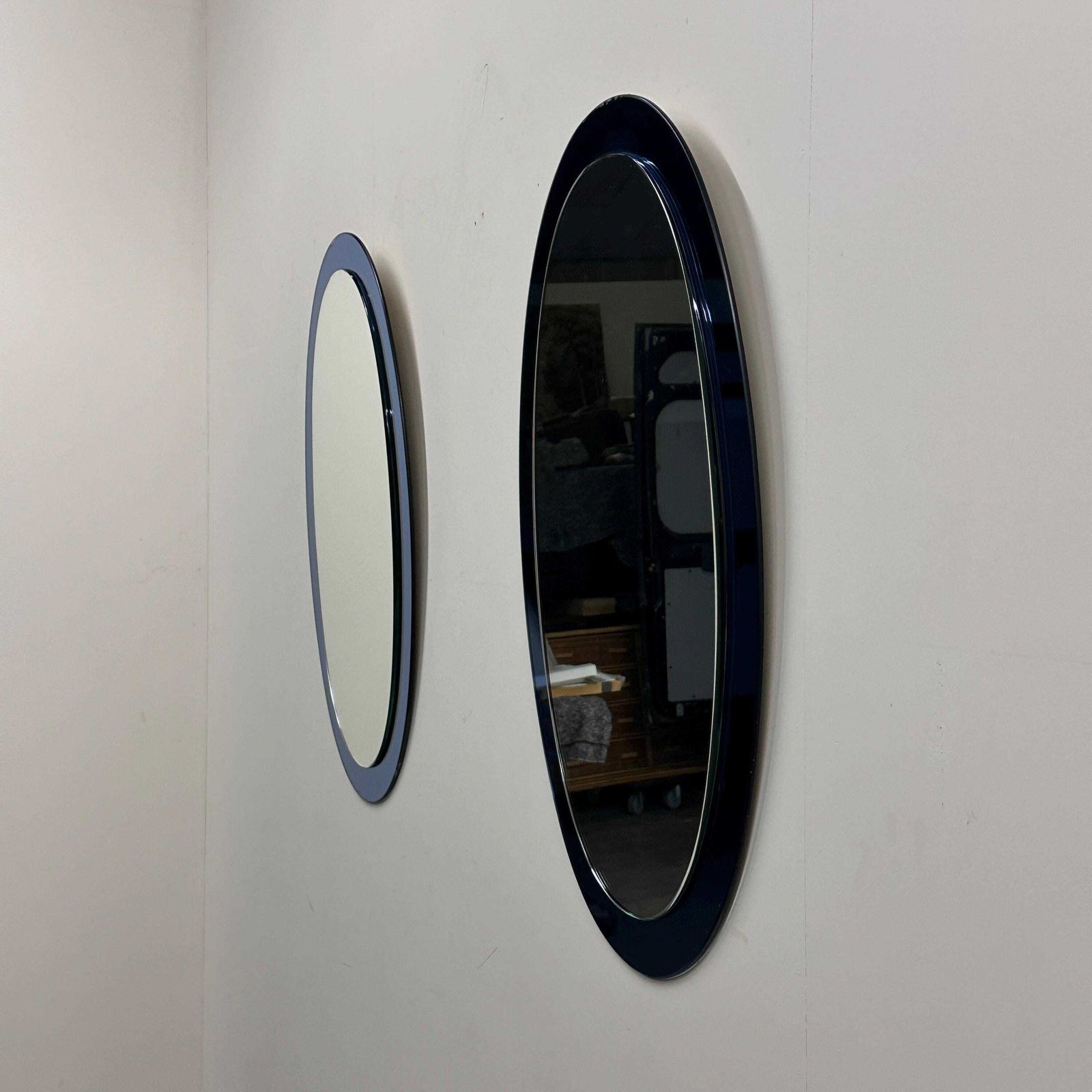 photo for sale Rare Pair Of Italian Blue Oval Mirrors, Attributed To Cristal Arte, 1970s