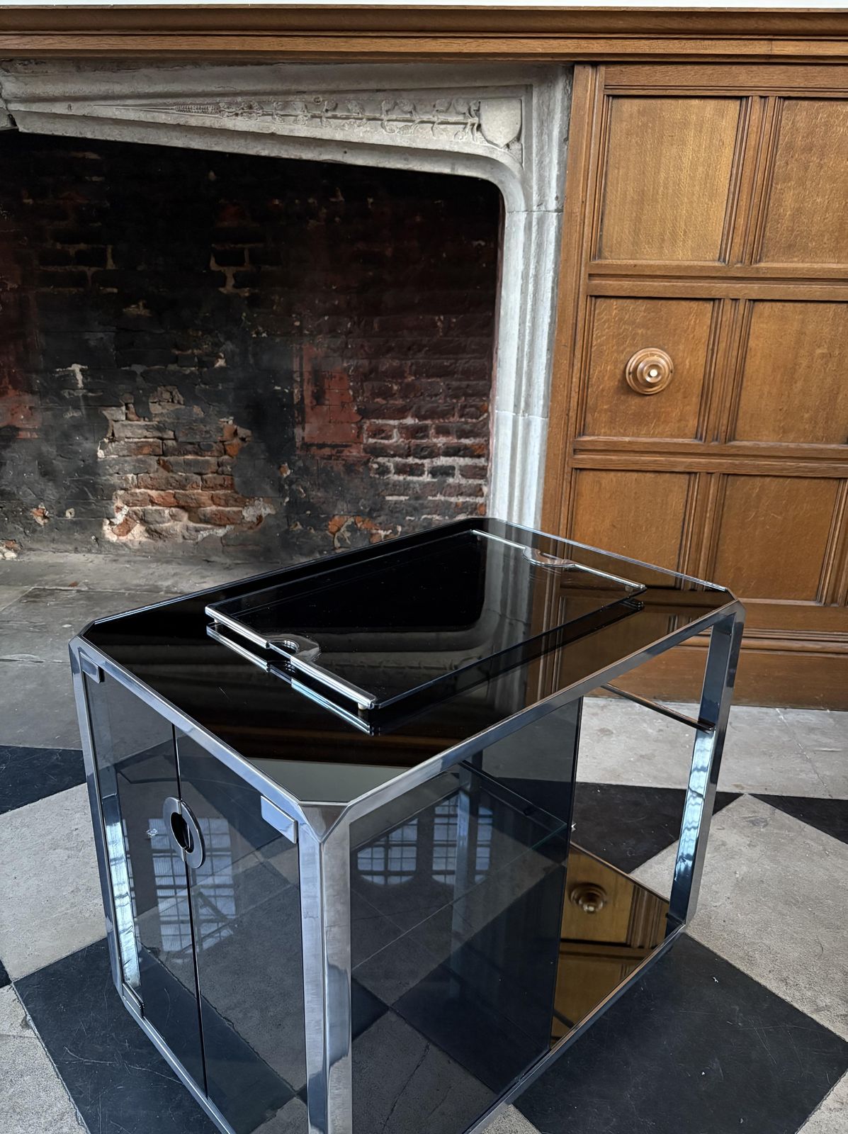 1970s Willy Rizzo For Mario Sabot “Alpha” Bar Cart In Smoked Glass & Chrome photo Furniture