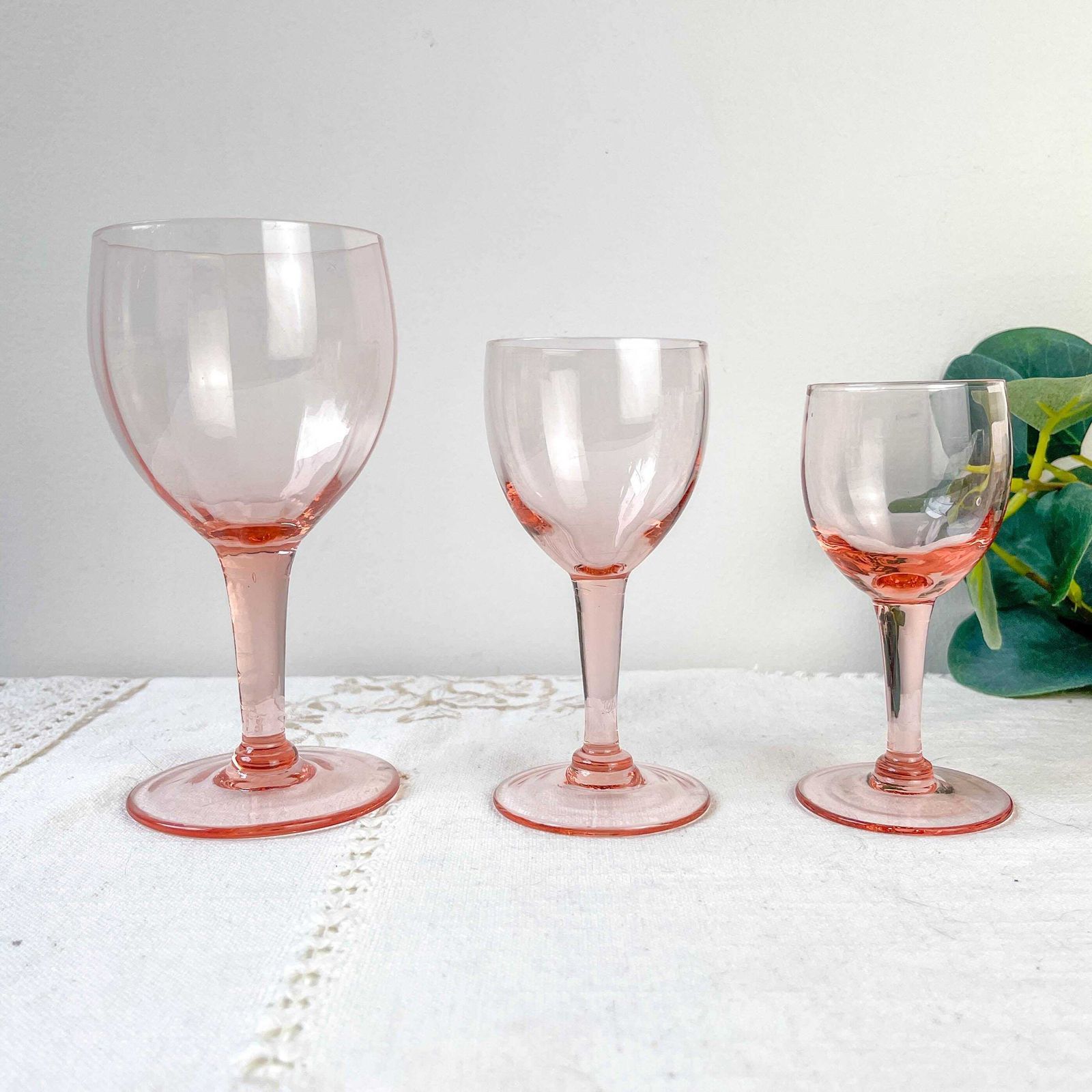photo for sale 7 Vintage Faceted Pink Glass Water Glasses – 1950s – French Elegance