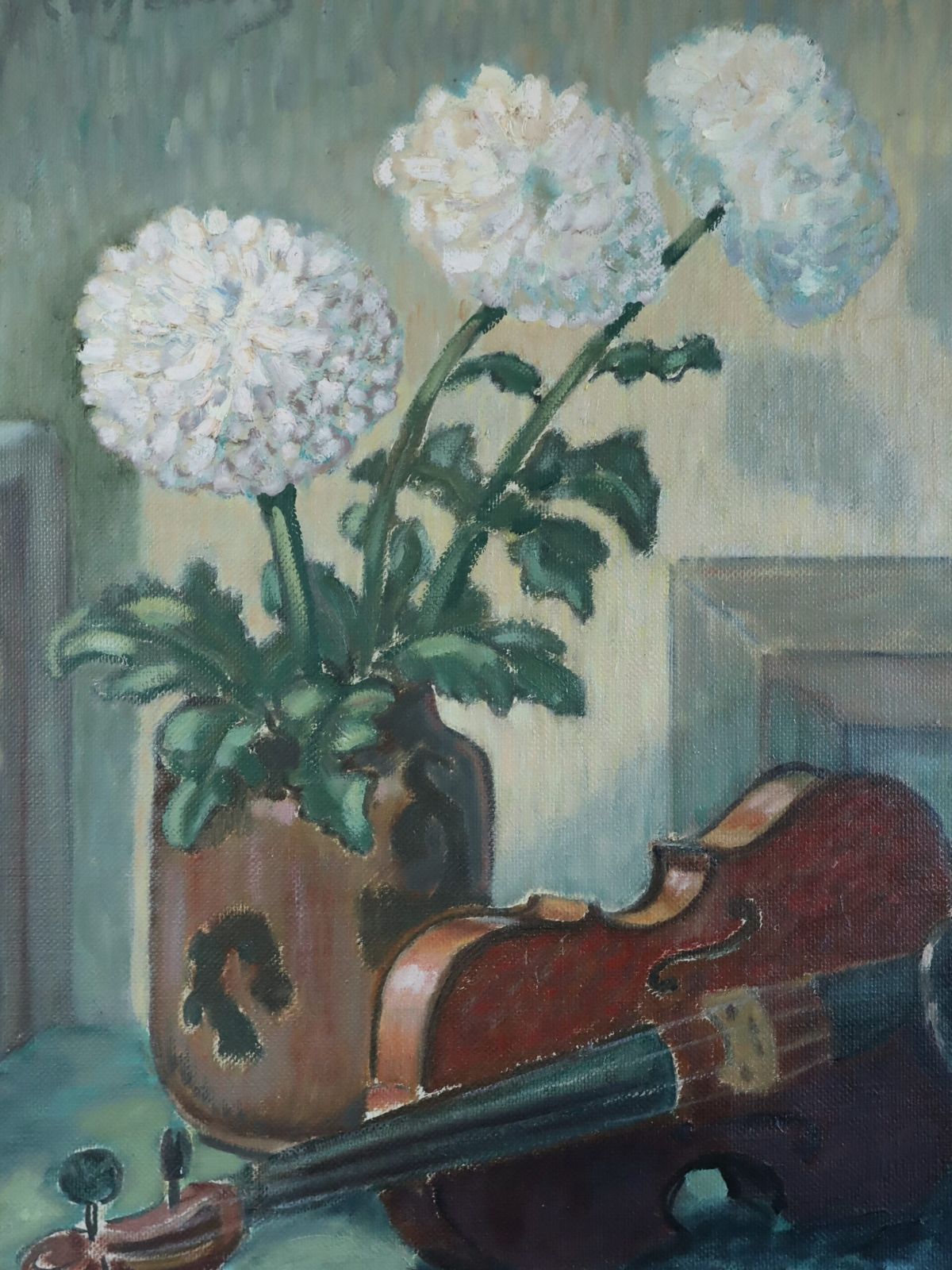 468.0 Violin & Flowers Painting, Mid 20th Century photo
