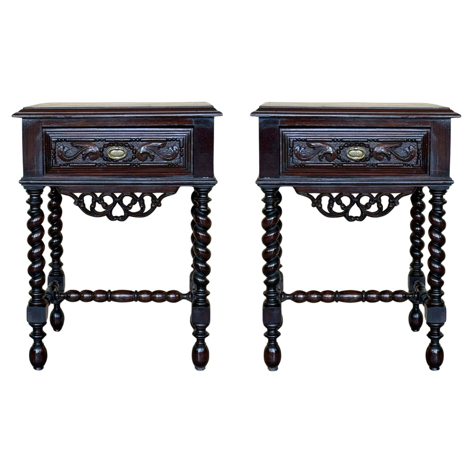 20th Century Pair Of Solid Carved French Nightstands With Solomonic Columns