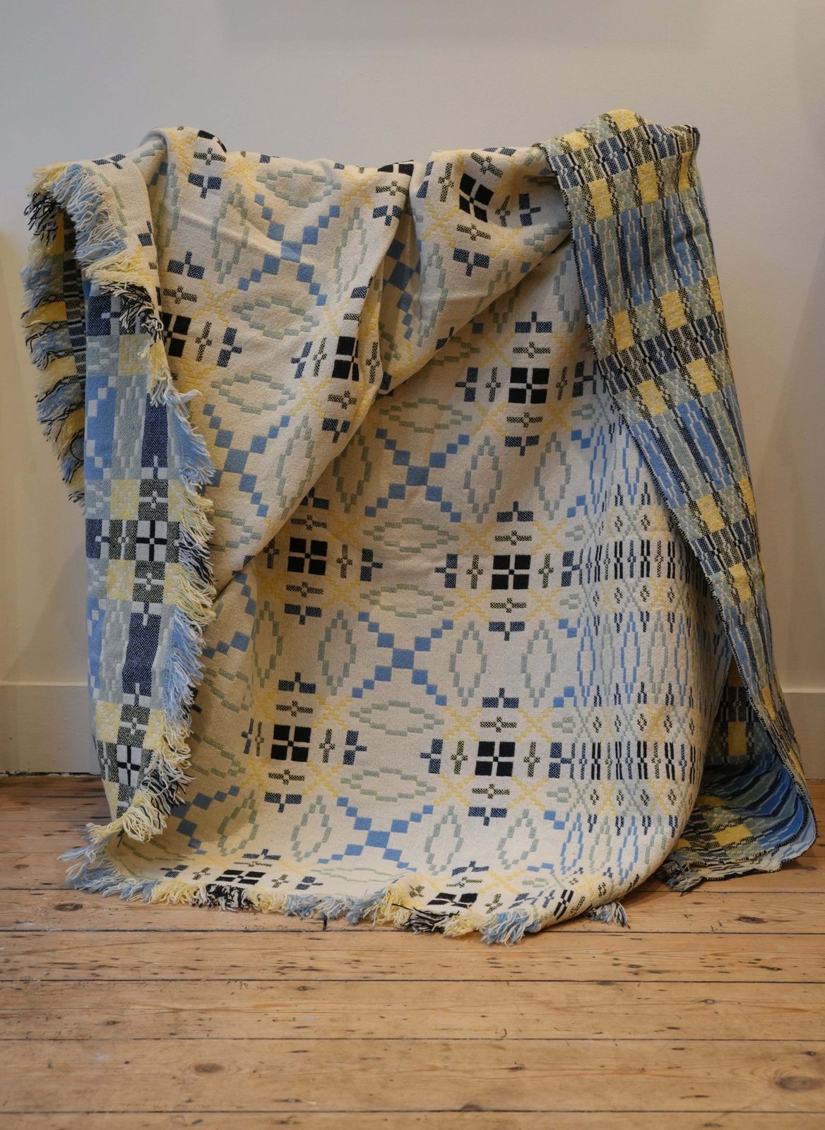 Large Navy & Yellow Derw Mill Welsh Blanket photo furniture
