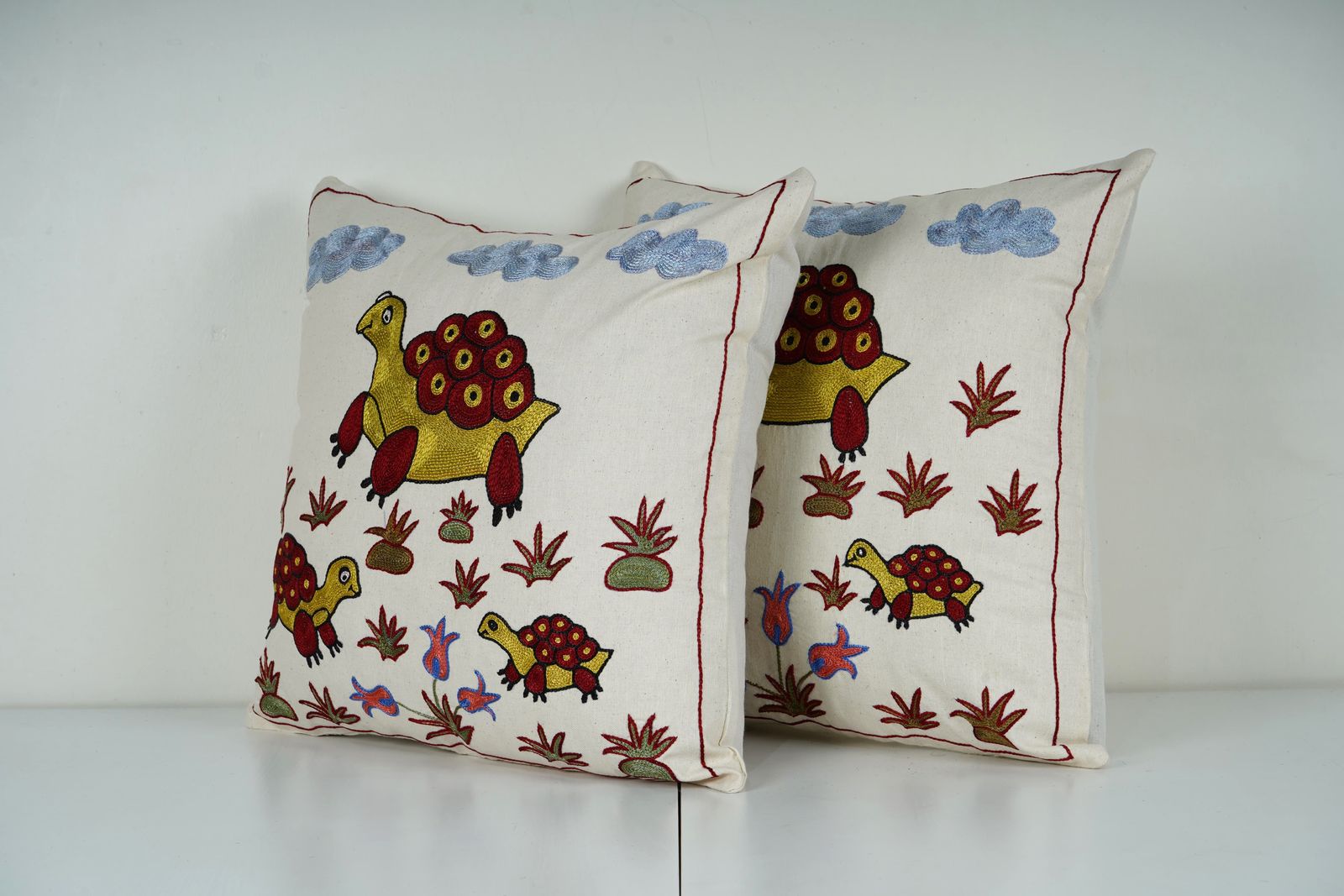 Embroidered Turtle Pillow Pair, Suzani Tortoise Cushion Covers, Bohemian Home Decor photo furniture