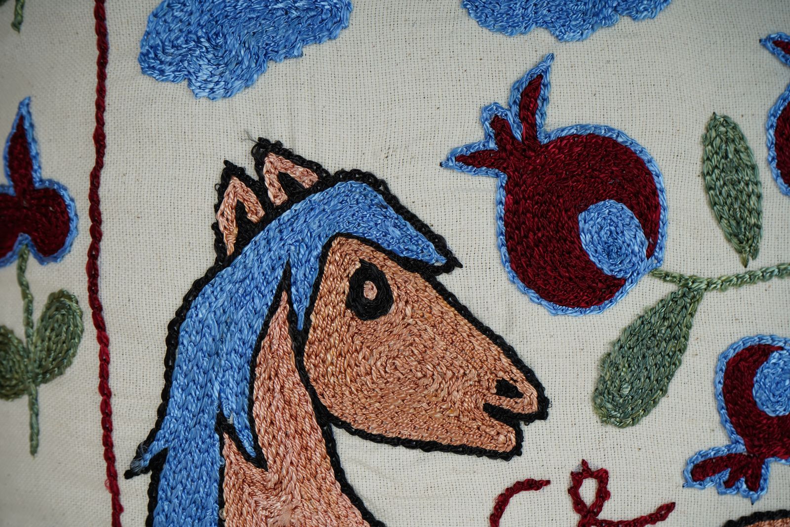 Vintage Suzani Pillow Cover, Horse Motif, Uzbek Cushion photo for sale