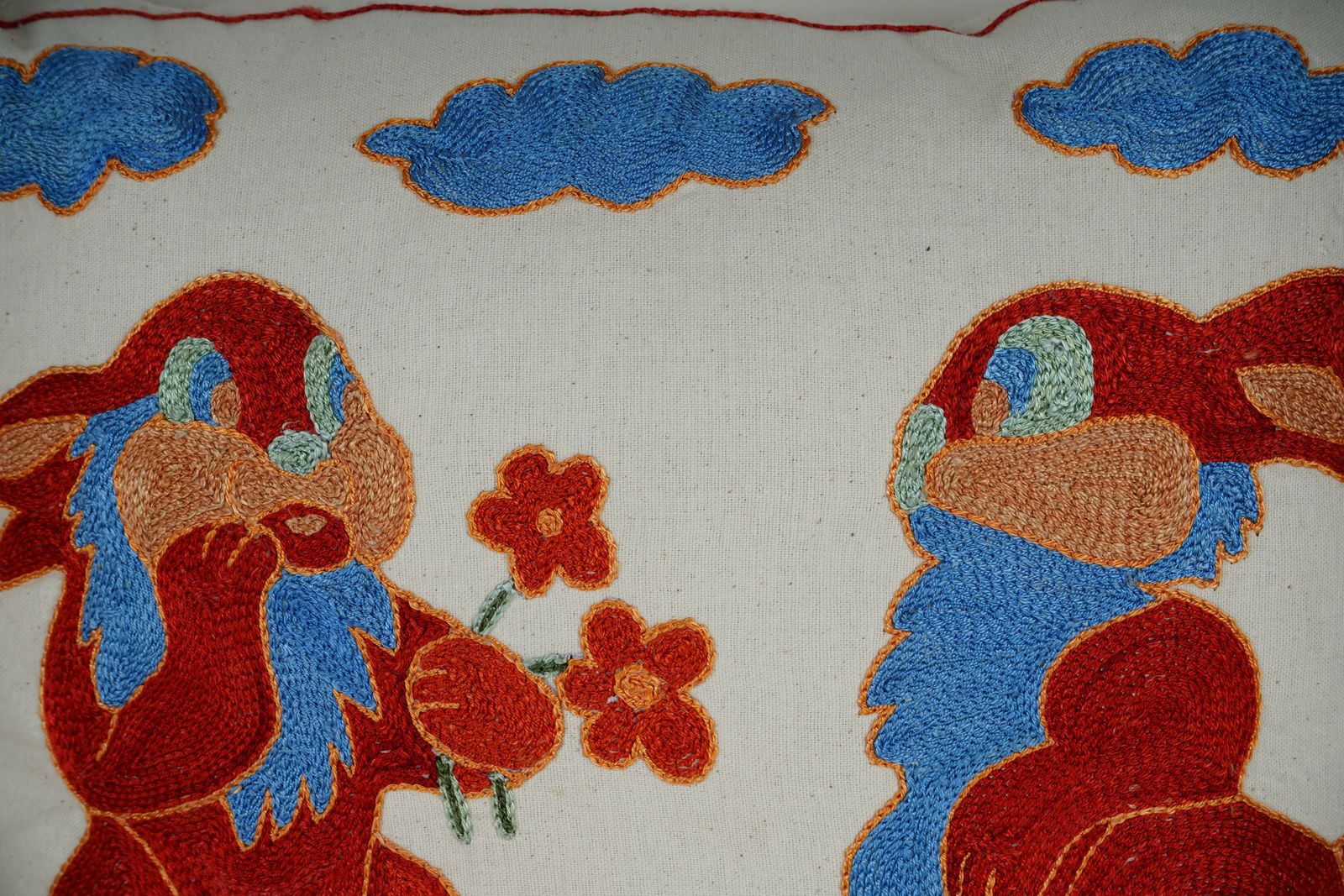 Red Bunny Suzani Pillow Cover Pair, Embroidered Folk Art Cushion photo for sale