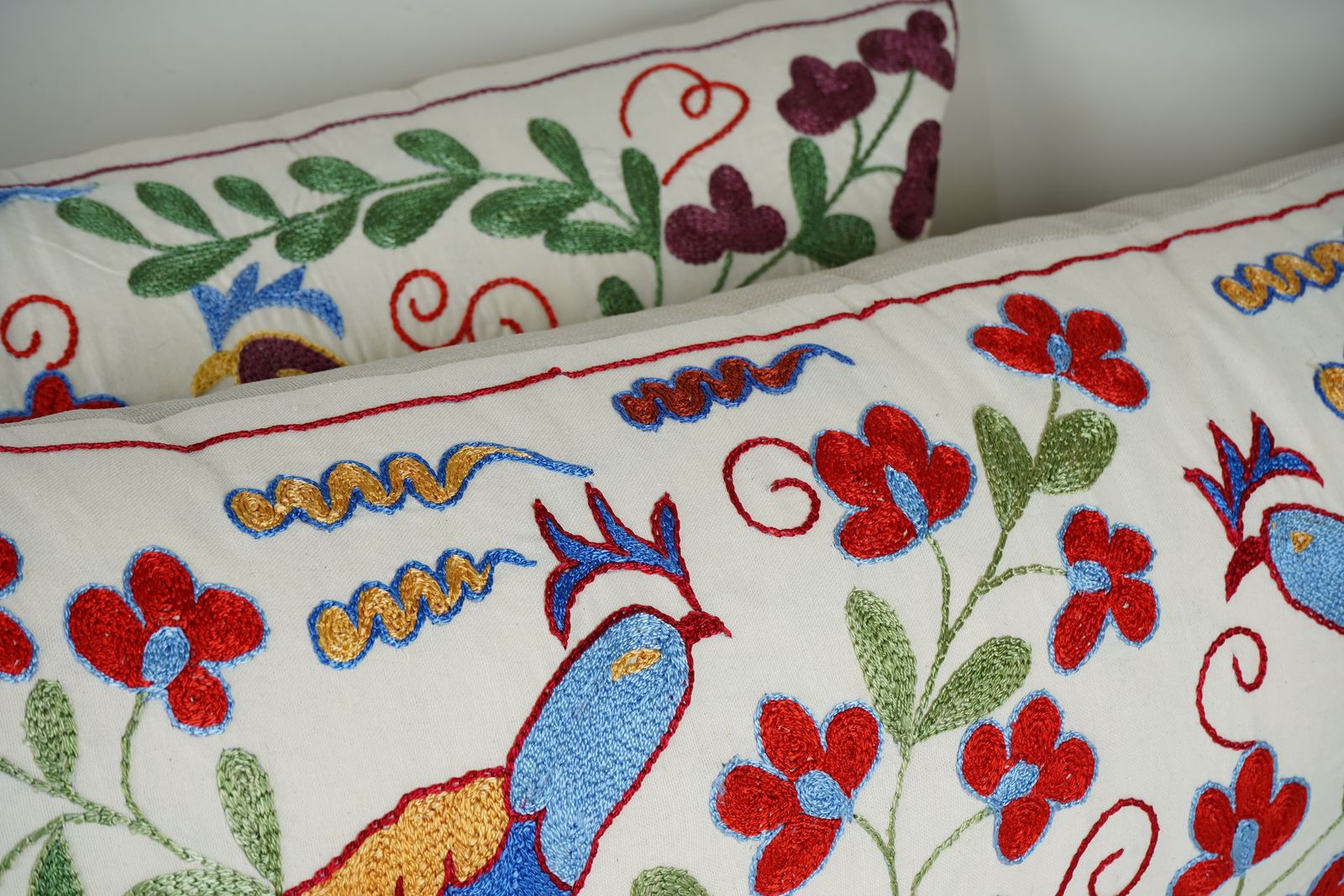 Hand Embroidered Suzani Lumbar Pillow Covers – Uzbek Vintage Bird & Flower Set photo 180.0