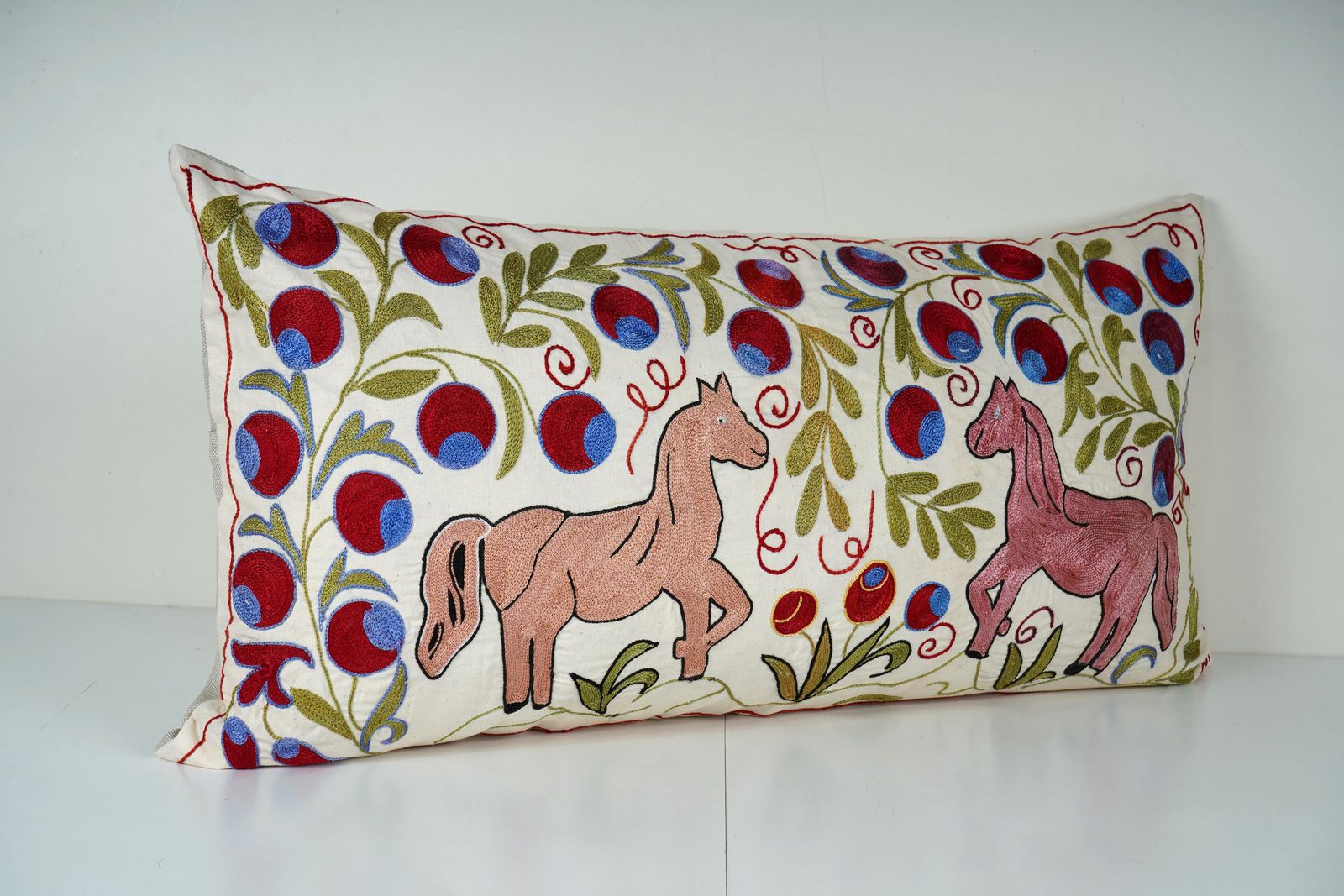 Boho Horse Suzani Lumbar Pillow – Hand Embroidered Decorative Cushion Cover photo furniture