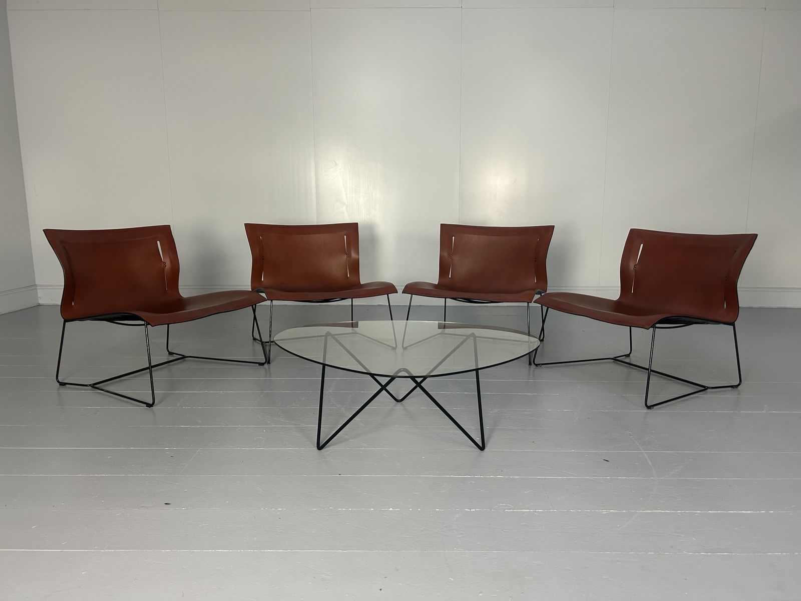 4 Walter Knoll "Cuoio Lounge Grand" Chairs & Table In Sherry Saddle Leather