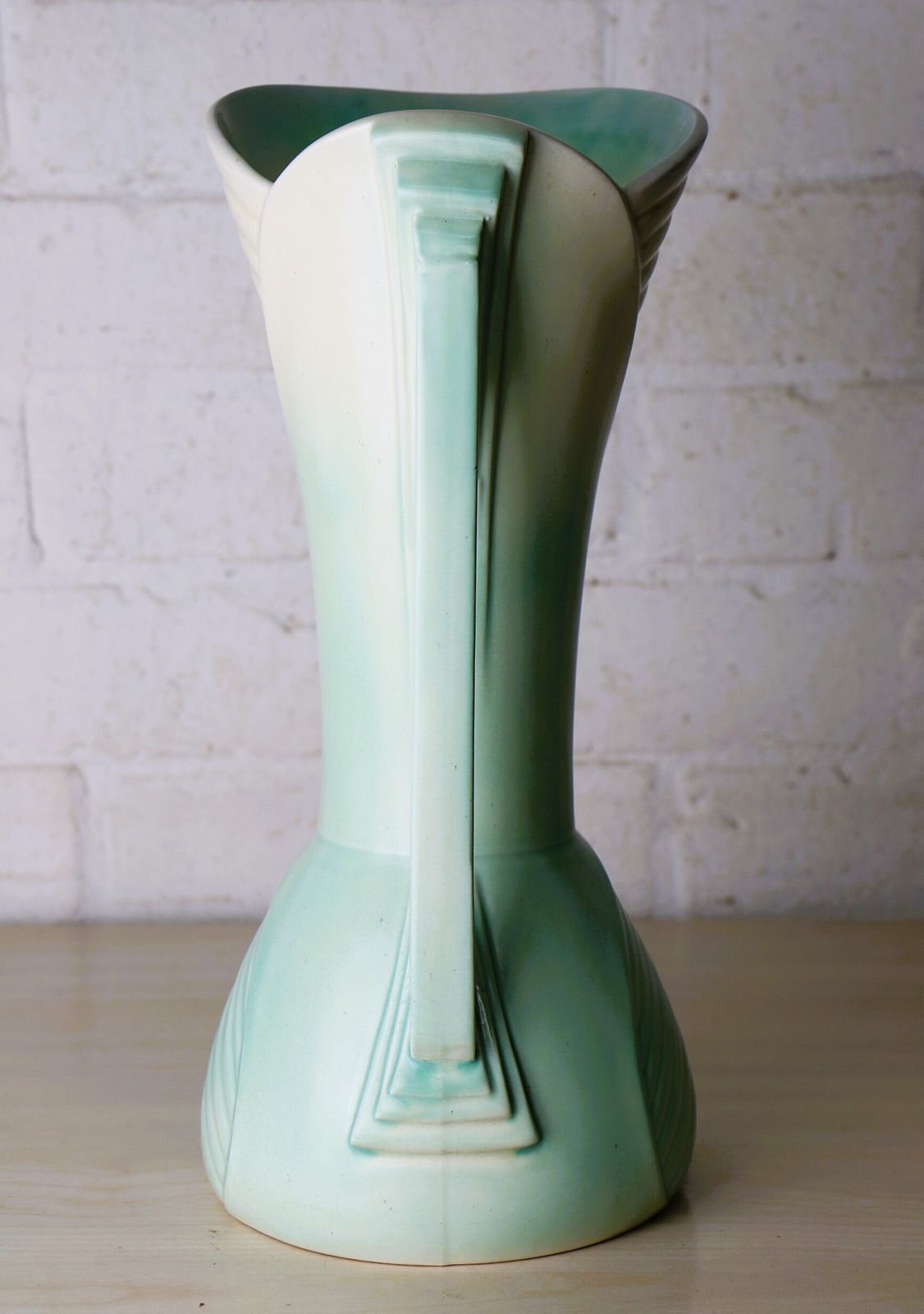 An Original Art Deco Ceramic Vase In Green And Cream With Geometric Details Large Size 31.5 Cm Tall photo Home Decor