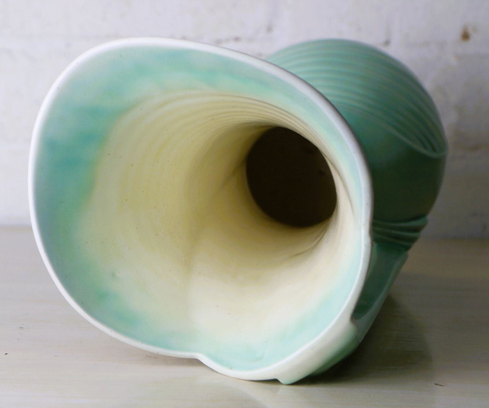 An Original Art Deco Ceramic Vase In Green And Cream With Geometric Details Large Size 31.5 Cm Tall photo buy