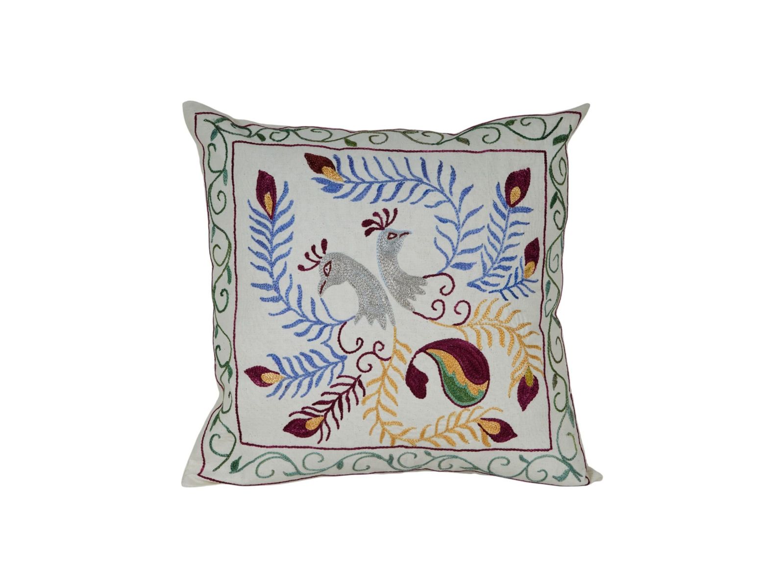 Traditional Suzani Cushion – Birds & Leaves Embroidery, Artisan Handmade Pillow