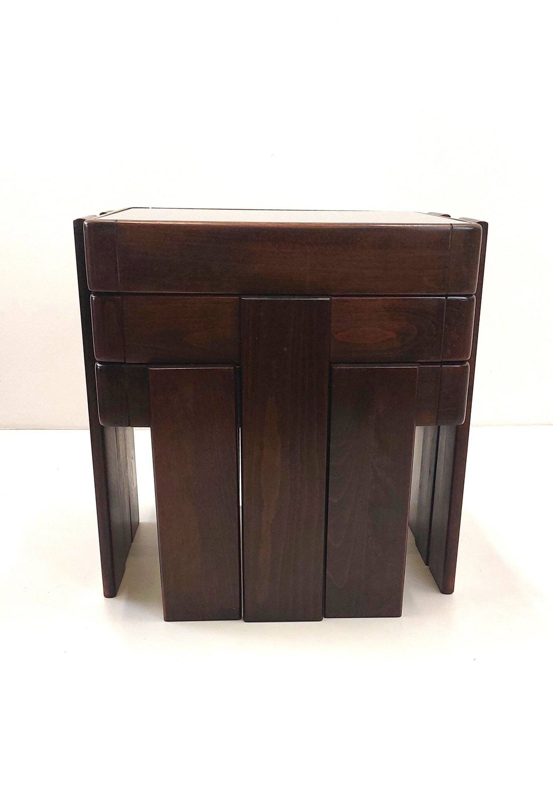 Mid Century Modern Nesting Tables / Italian Design By Gianfranco Frattini / Smoked Glass & Wooden Panels / Stackable Tables / 70s Yugoslavia photo Furniture