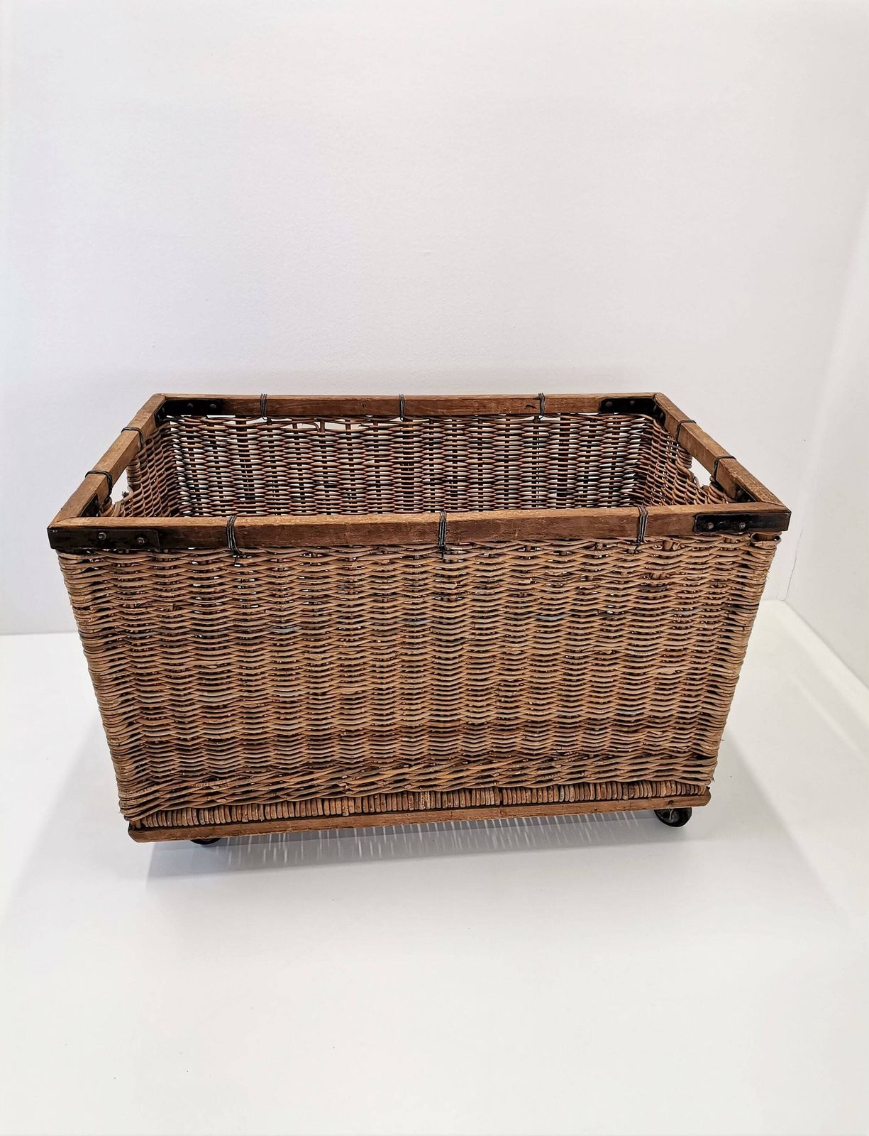 Large Wicker Trolley On Wheels / Industrial Cart From 40s 50s Yugoslavia / Wicker Laundry Trolley photo for sale