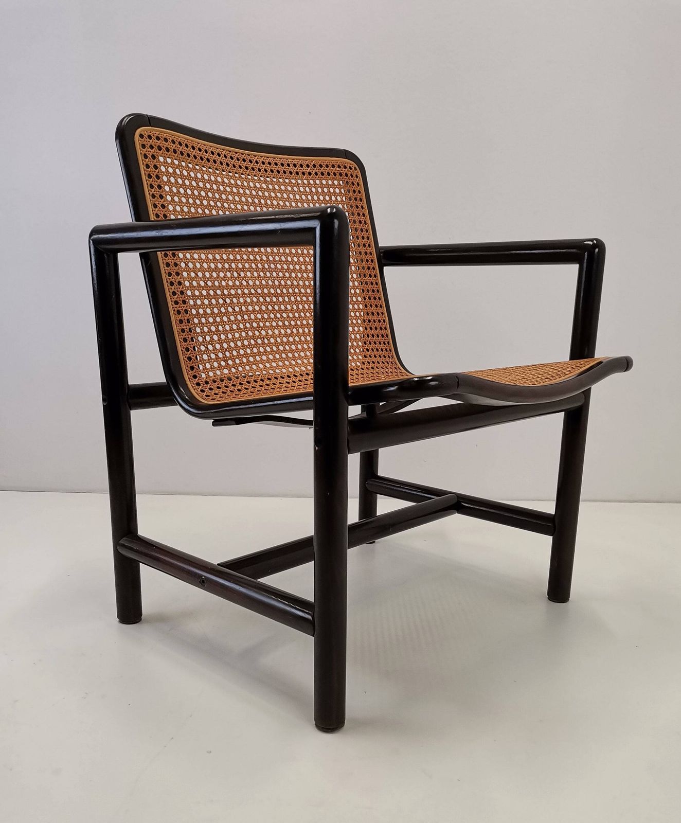 Modern Cane Lounge Chair / Branko Uršič For Stol Kamnik / 1980s Yugoslavia Wood And Cane Net Armchair photo 597.0