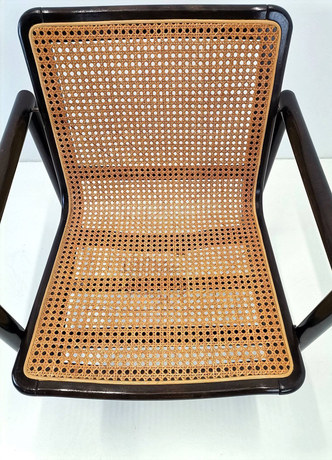 photo for sale Modern Cane Lounge Chair / Branko Uršič For Stol Kamnik / 1980s Yugoslavia Wood And Cane Net Armchair
