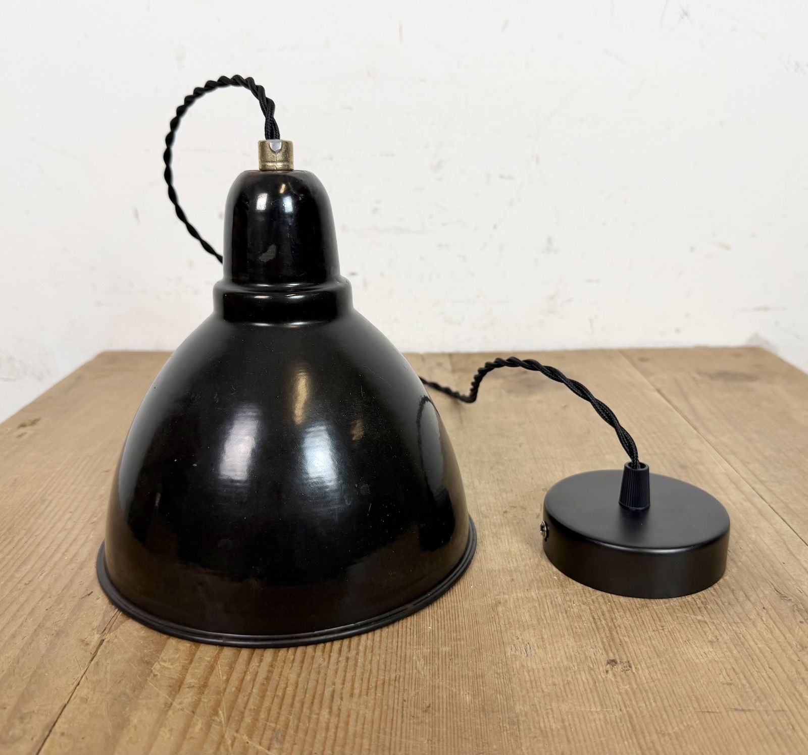 Small Industrial Black Enamel Ceiling Lamp, 1950s, 2x photo furniture