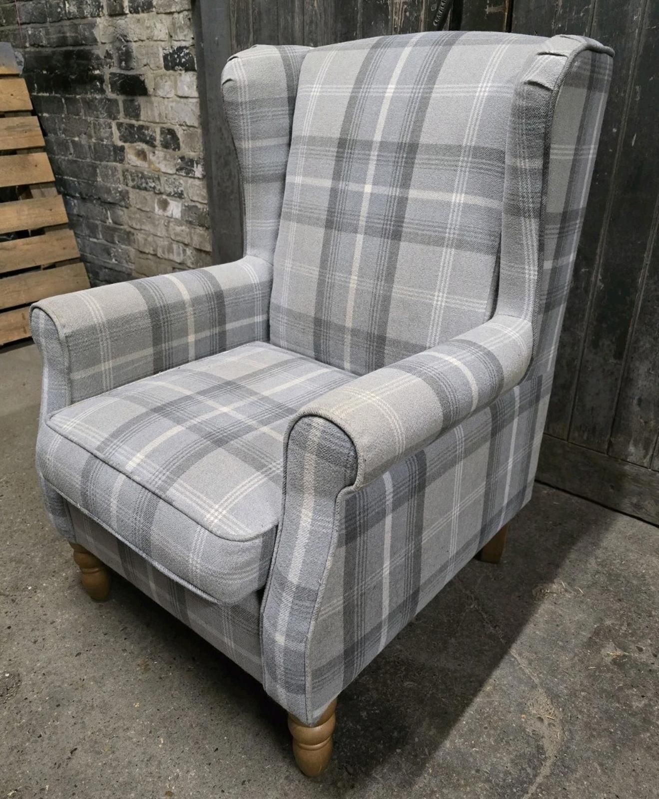 Grey Tartan Fabric Wingback Armchair Chair photo for sale