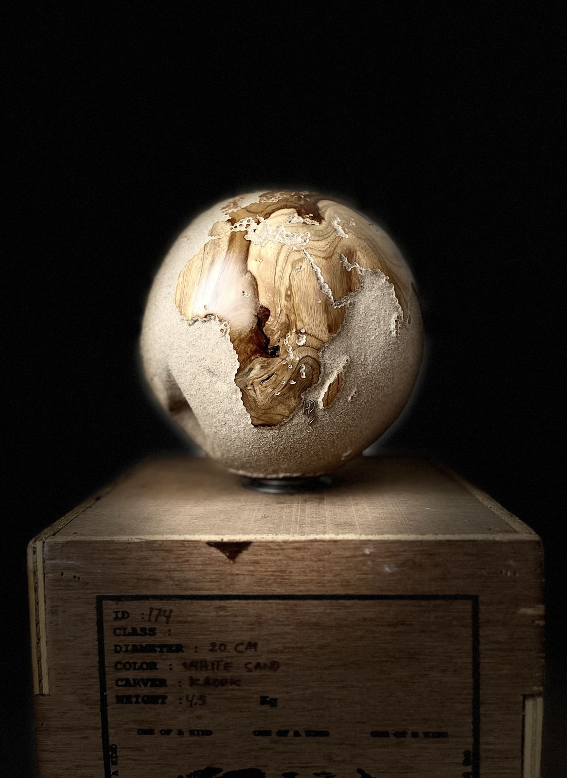 White Teak Wood & Volcanic Sand Globe By Bruno Helgen  Id 174  Wood Globe Sculpture photo for sale