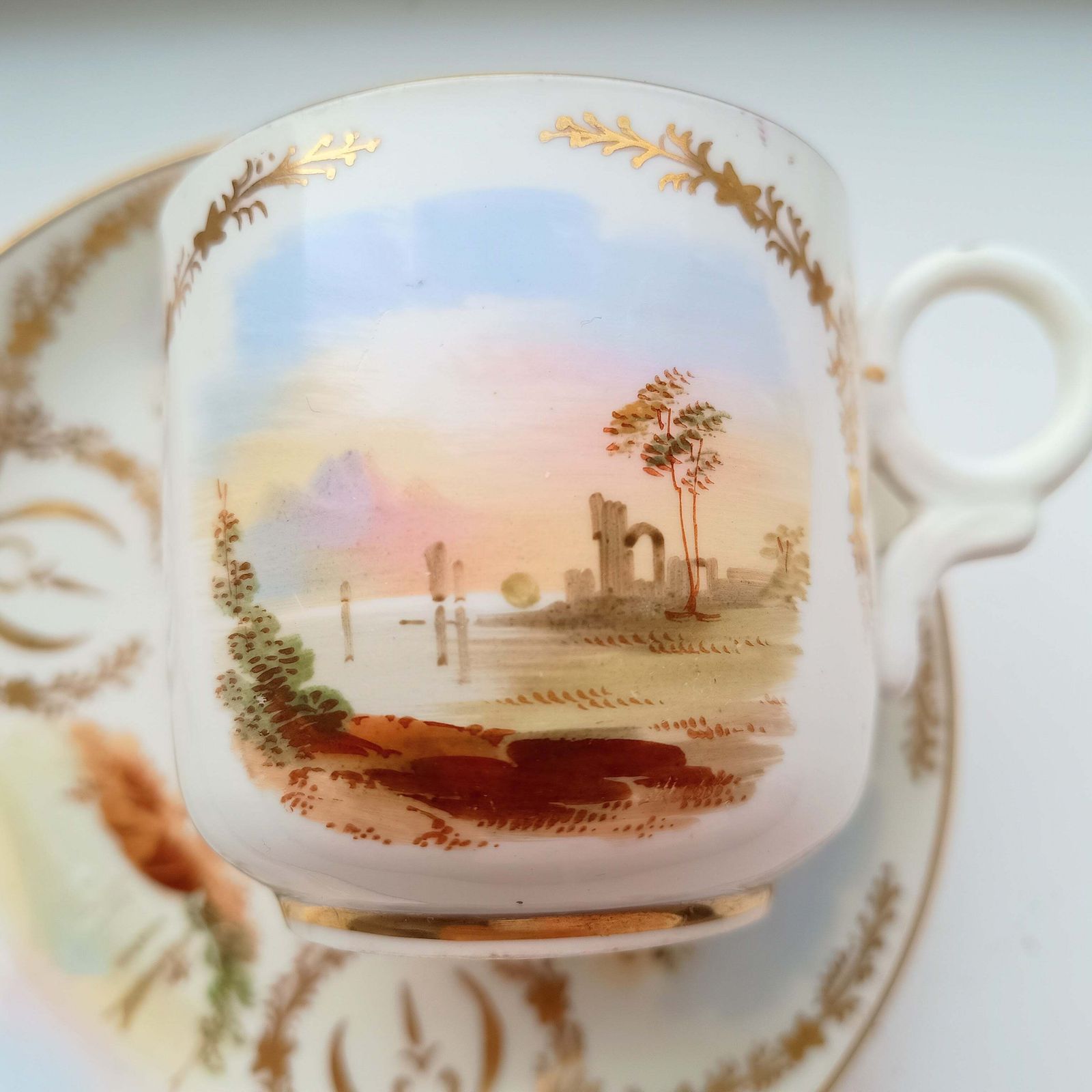 Antique Hand Painted Landscape And Gilt Crests Porcelain Cup & Saucer, Austria 19th Century photo furniture