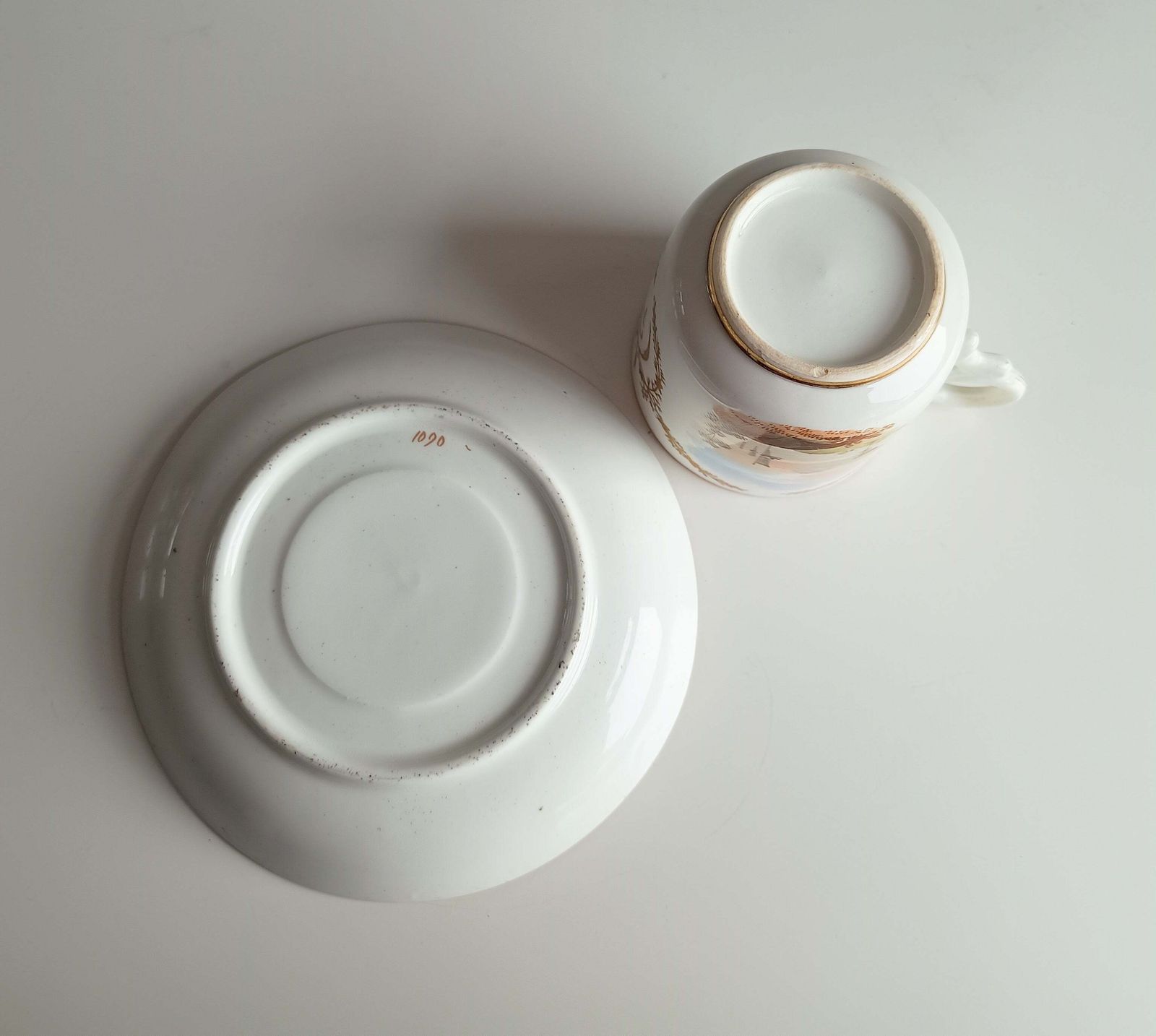 Antique Hand Painted Landscape And Gilt Crests Porcelain Cup & Saucer, Austria 19th Century photo vinterior