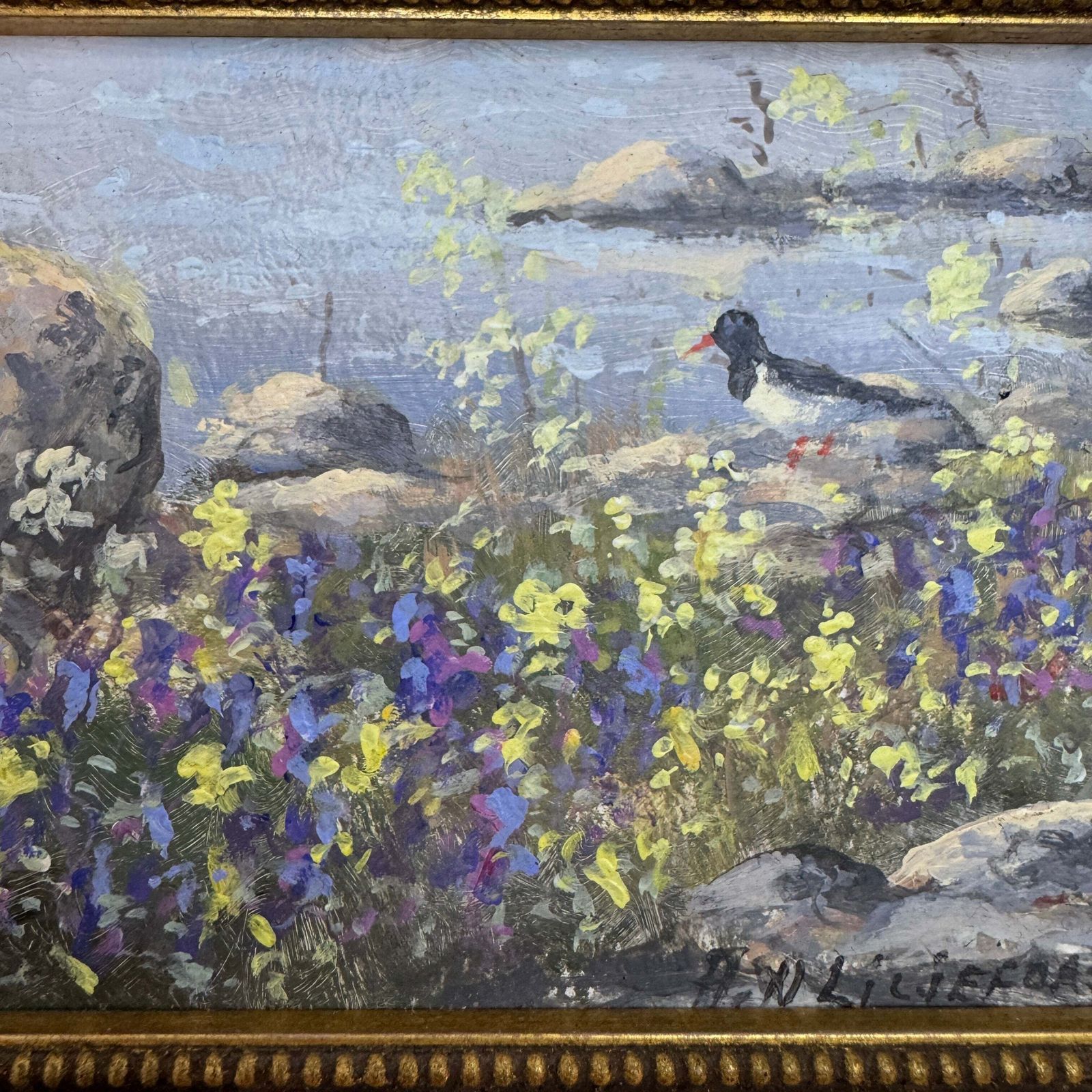 Shoreline In Bloom. Vintage Swedish Oil Painting By Astrid Widenberg Liljefors photo furniture