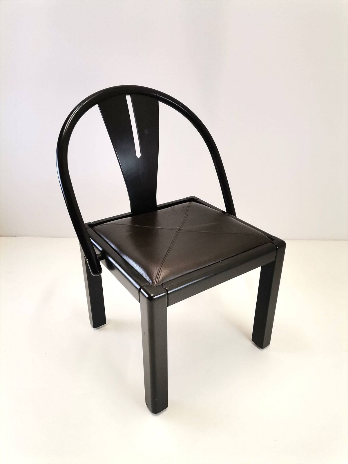 Rare Postmodern Dining Chair / Italian Design / Solid Wood And Leather Seat / Dining Office Chairs / 80s Italy photo vintage