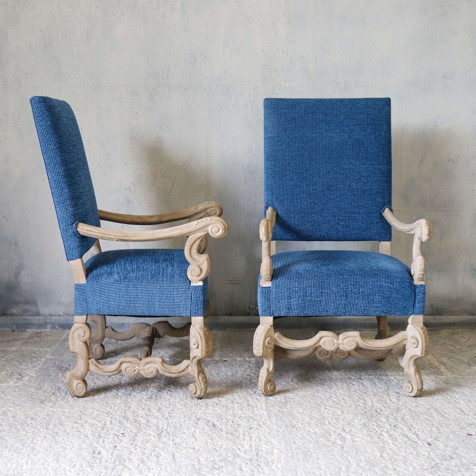 Pair Of 19th Century Dutch Carved Walnut Sculptural & High Back Armchairs   Reupholstered photo vintage