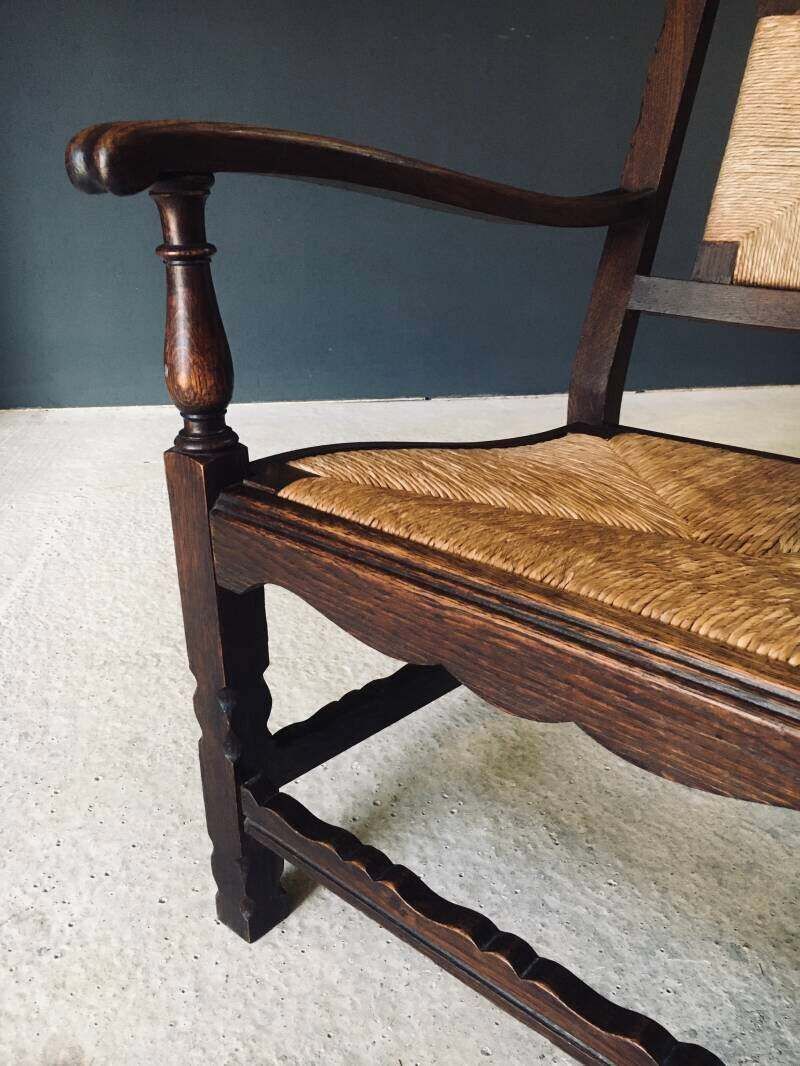 1000.0 Arts & Crafts Style Design Oak & Rush Low Armchair, Belgium 1920's photo