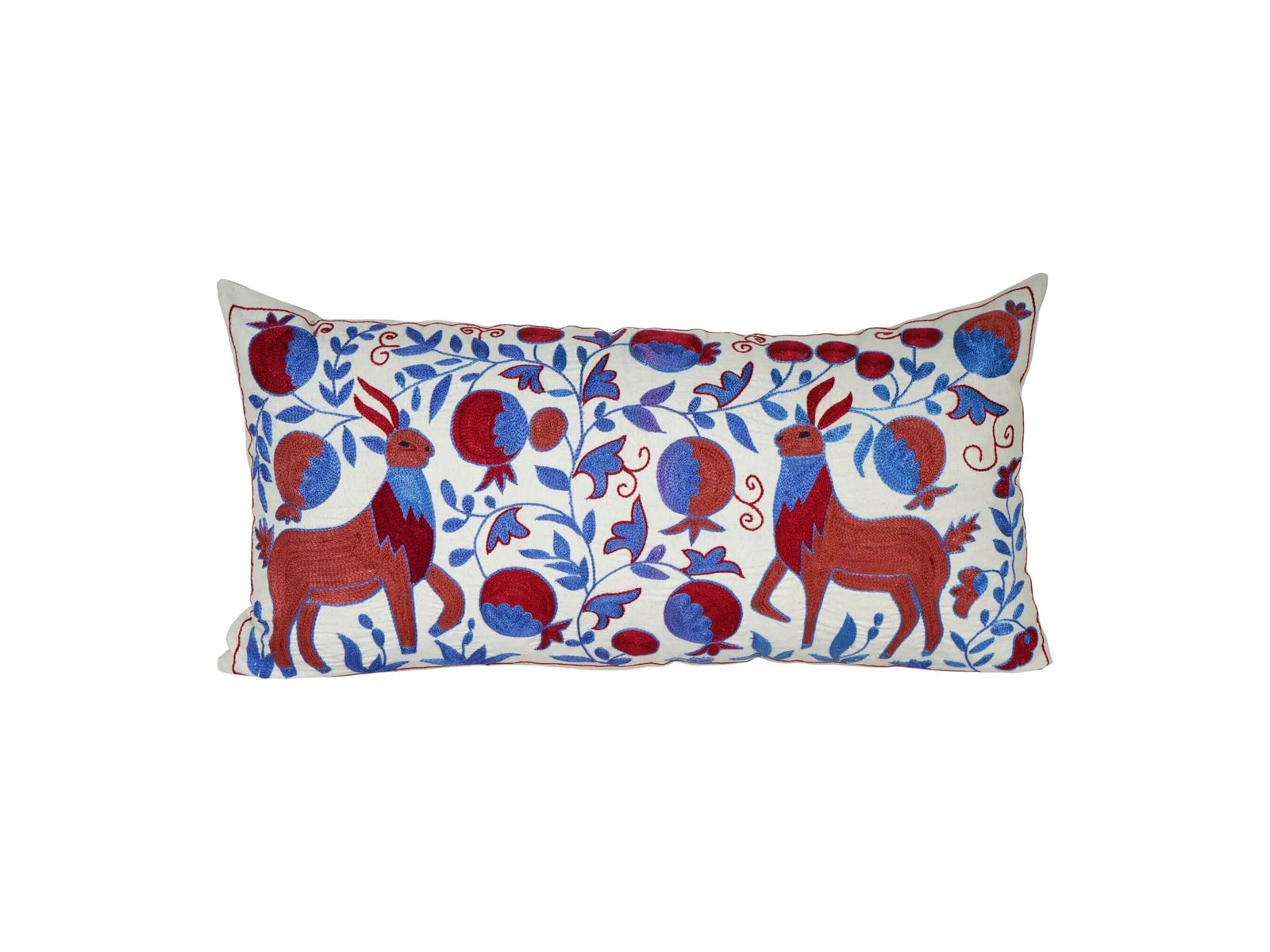 Vintage Suzani Lumbar Pillow Cover – Animal Design, Handmade Cotton