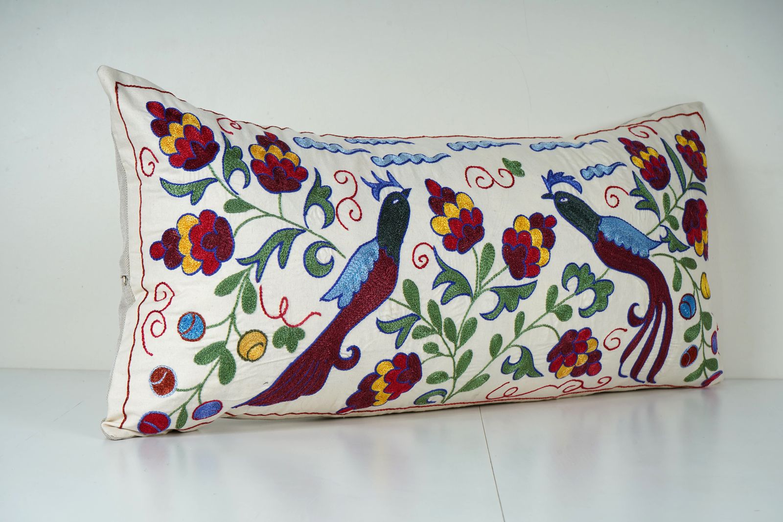 Peacock Suzani Pillow Cover – Hand Embroidered Floral Lumbar Cushion photo Textiles