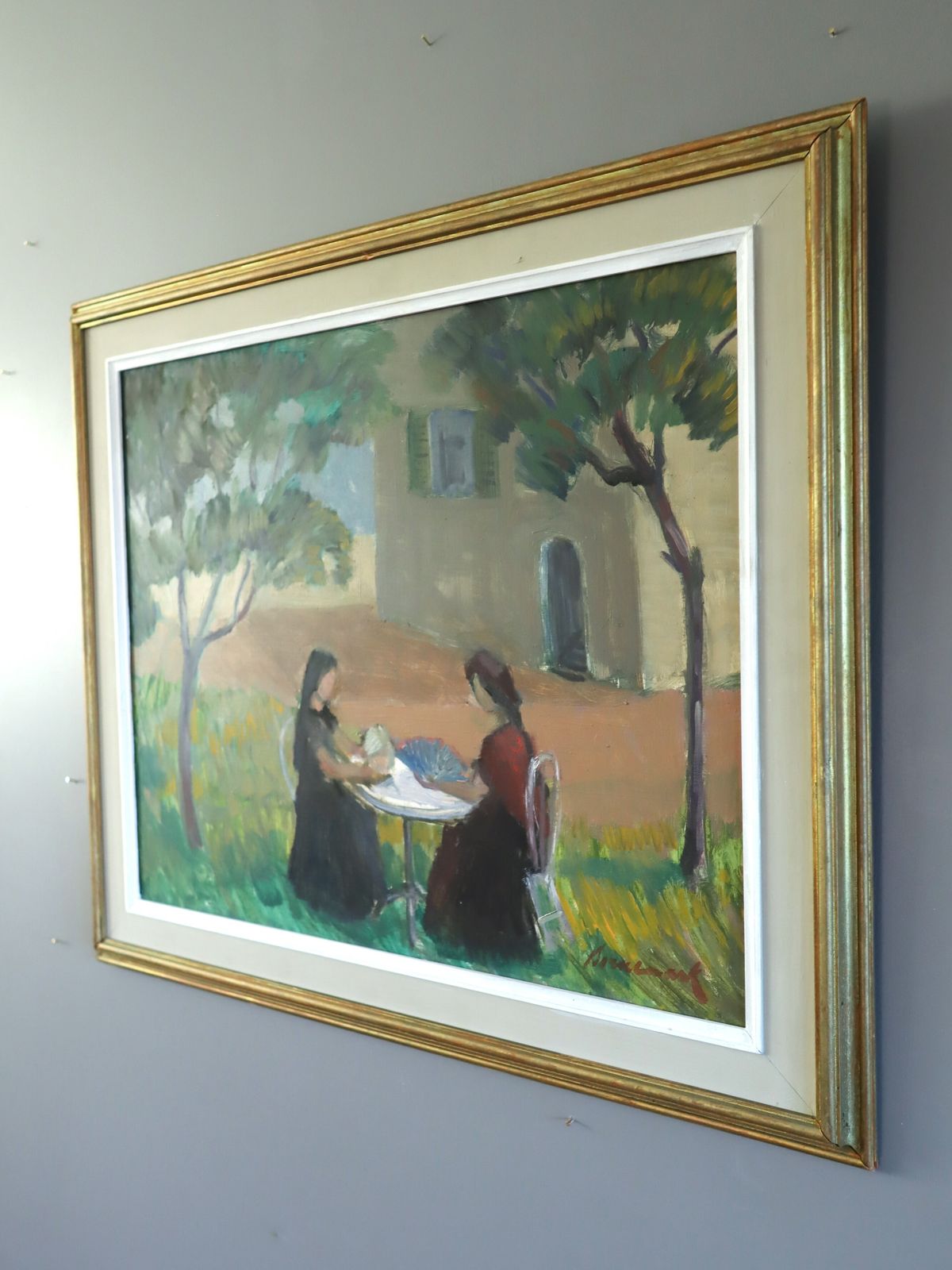 Garden Gathering Oil Painting, Mid 20th Century photo for sale