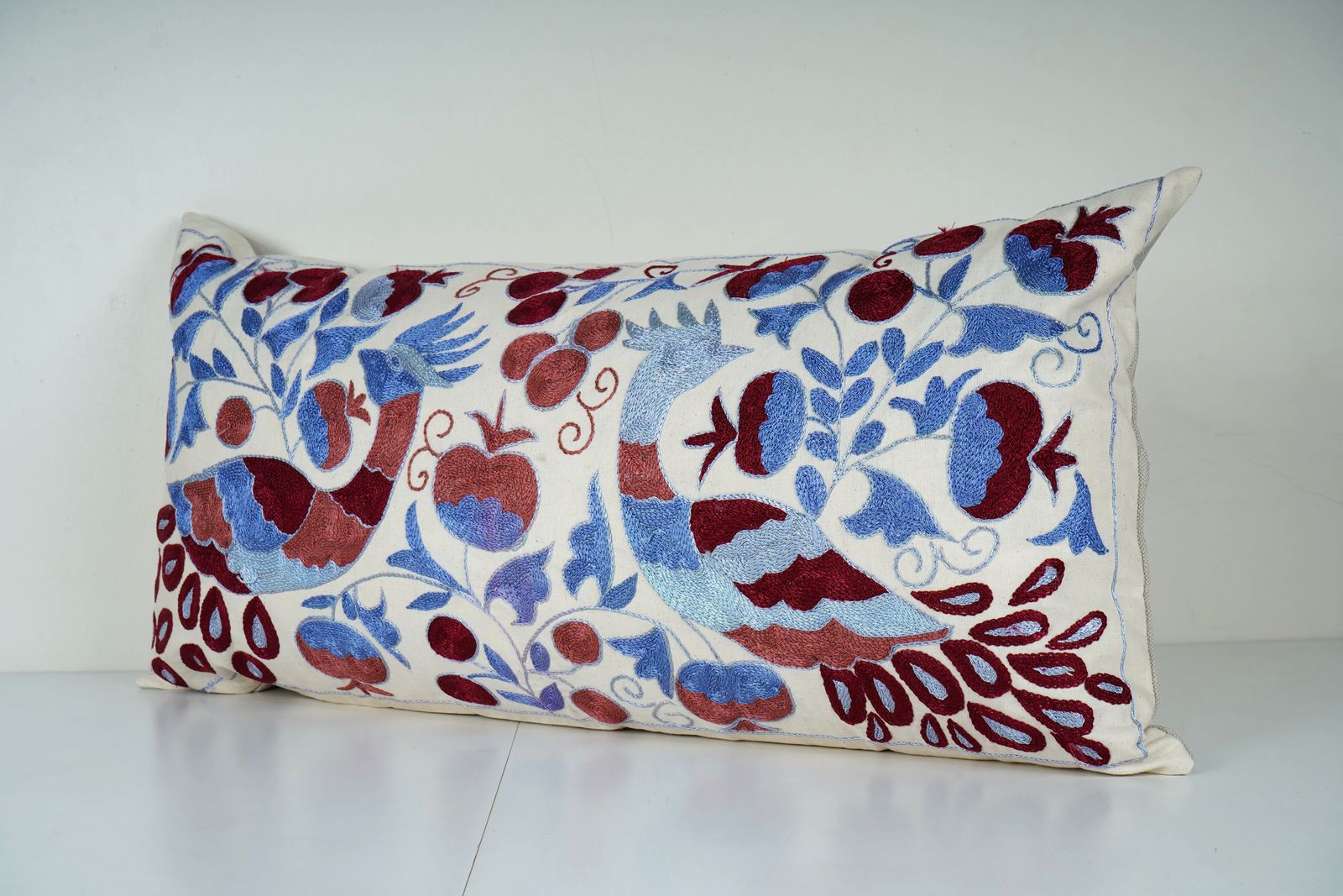 Hand Embroidered Suzani Lumbar Pillow Cover – Vintage Uzbek Peacock Design photo furniture