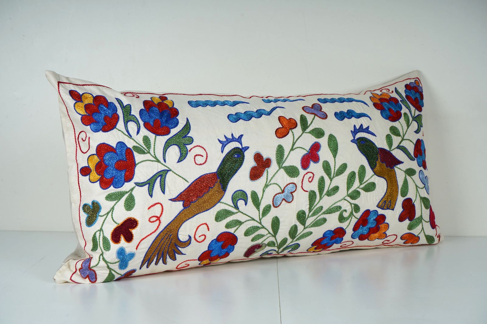 Hand Embroidery Pictorial Bird Suzani Pillow Cover, Animal Uzbek Pillow, Ethnic Designer Pillow Case photo furniture