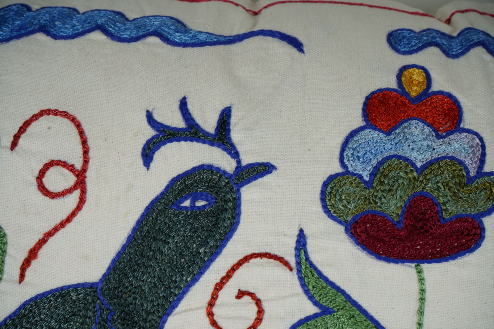 Vintage Suzani Lumbar Pillow Cover – Uzbek Bird Embroidery photo for sale