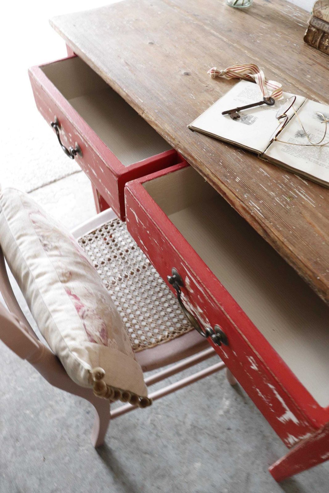 photo furniture Charming Small Rustic Pine And Red Painted Vintage Desk, Kitchen Or Work Table With Drawers
