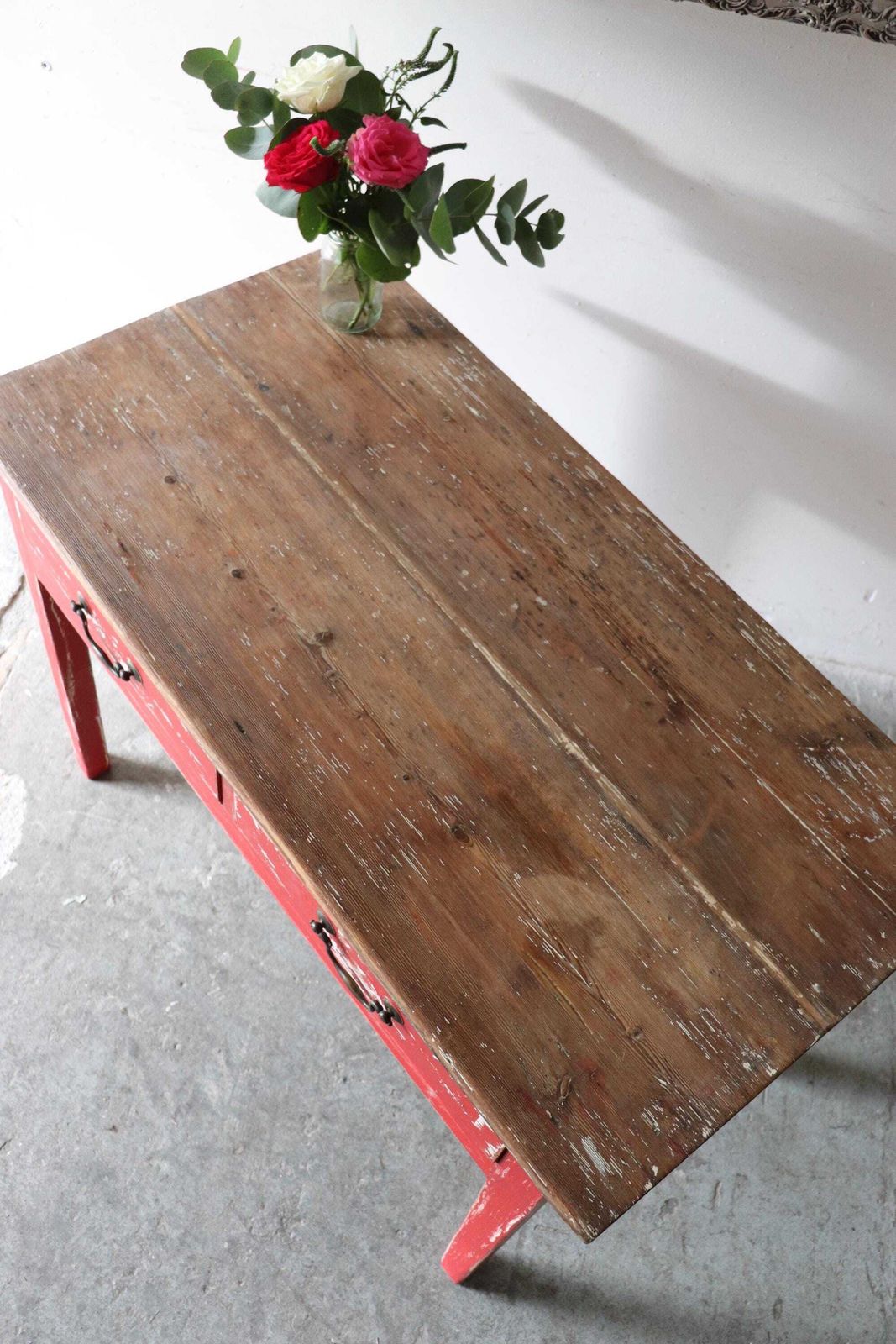 Furniture Charming Small Rustic Pine And Red Painted Vintage Desk, Kitchen Or Work Table With Drawers photo
