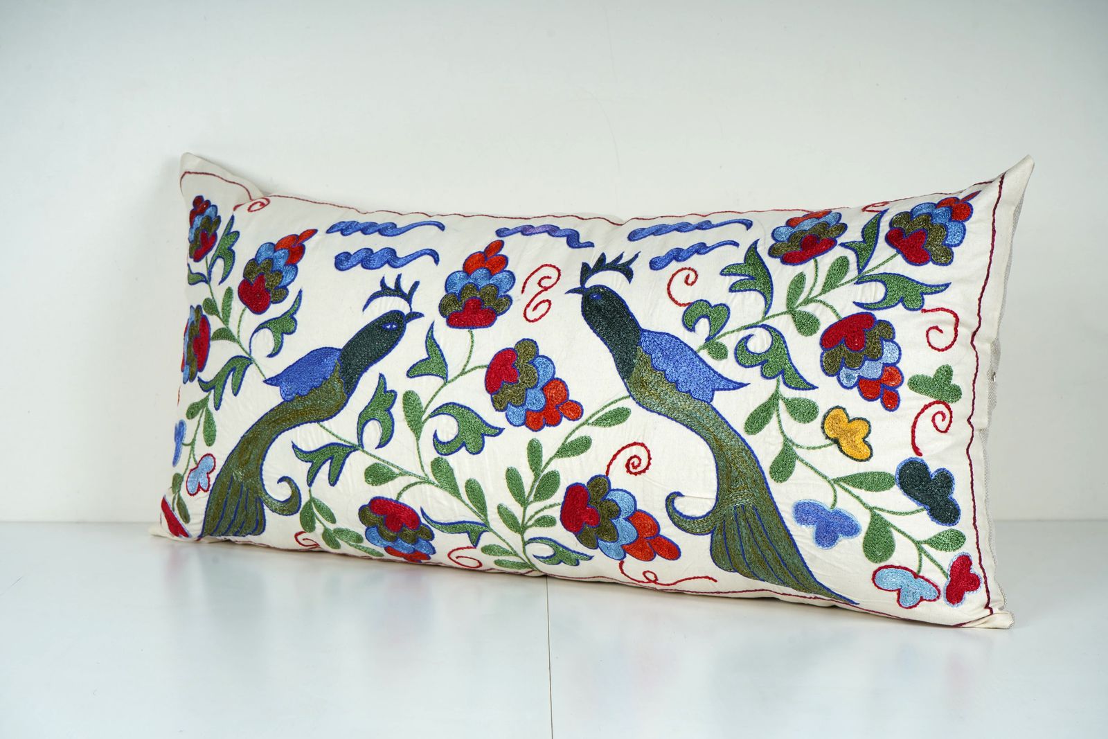Uzbek Suzani Pillow Cover, Bird Embroidery, Handmade Lumbar Cushion photo Textiles