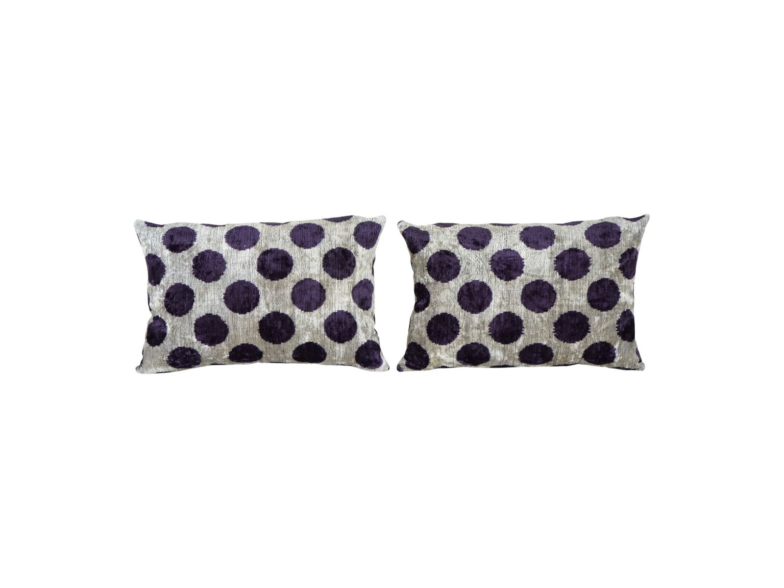Purple Silk Velvet Ikat Pillow Cover, Polka Dot Lumbar Cushion, Set Of Two