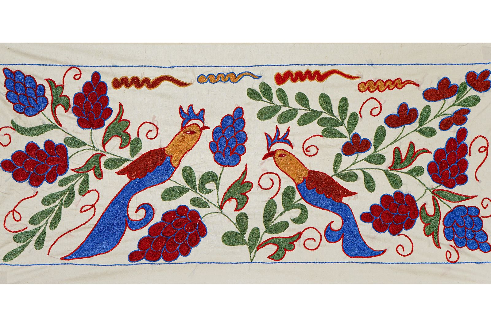 Uzbek Suzani Embroidery | Colorful Bird & Floral Motif Wall Tapestry Art 1'4'' X 3'1'' photo Textiles