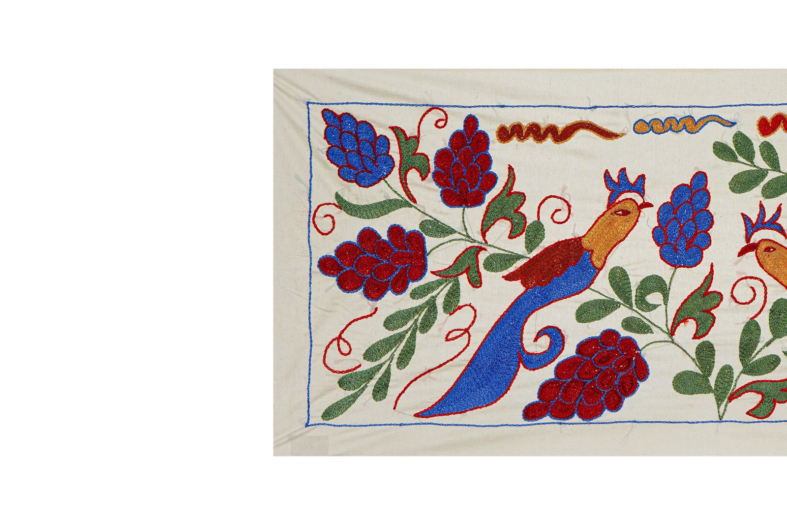 Uzbek Suzani Embroidery | Colorful Bird & Floral Motif Wall Tapestry Art 1'4'' X 3'1'' photo vinterior