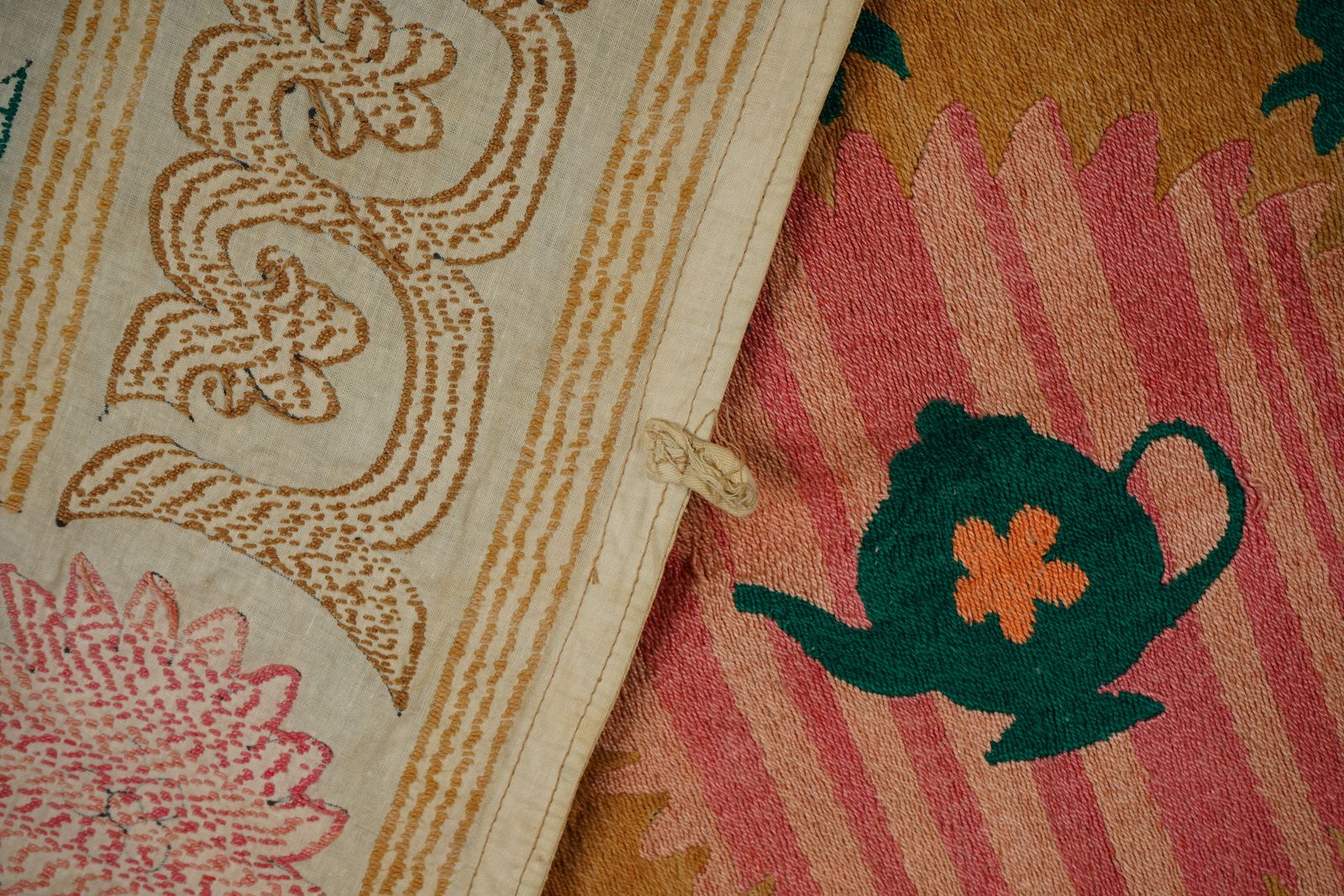 photo for sale Vintage Suzani Wall Hanging: Uzbek Cotton Embroidery, Beige Bohemian Tapestry