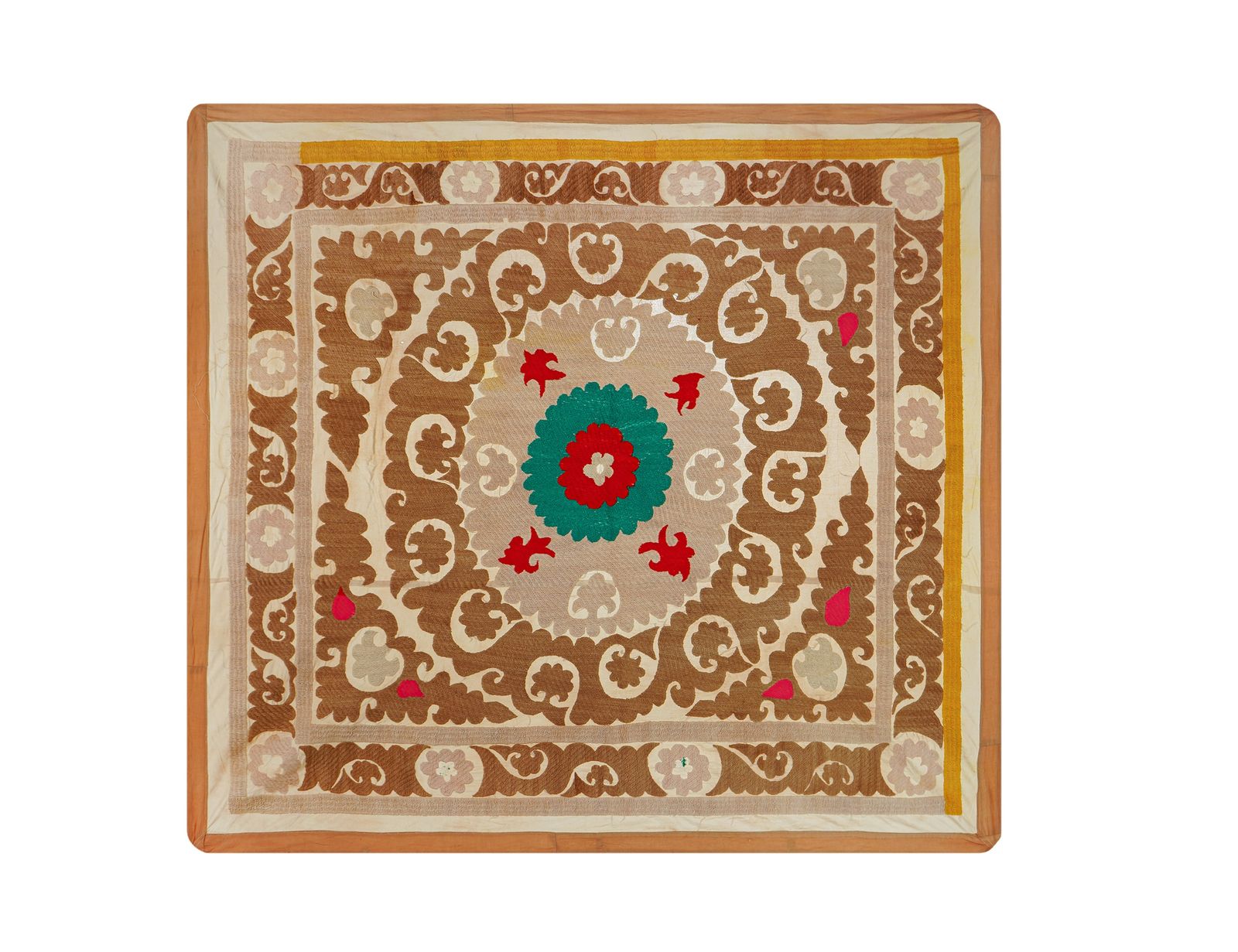 Handmade Suzani Tablecover – Tan Beige Textile With Emerald & Red Boho Details 3'9'' X 4'2''