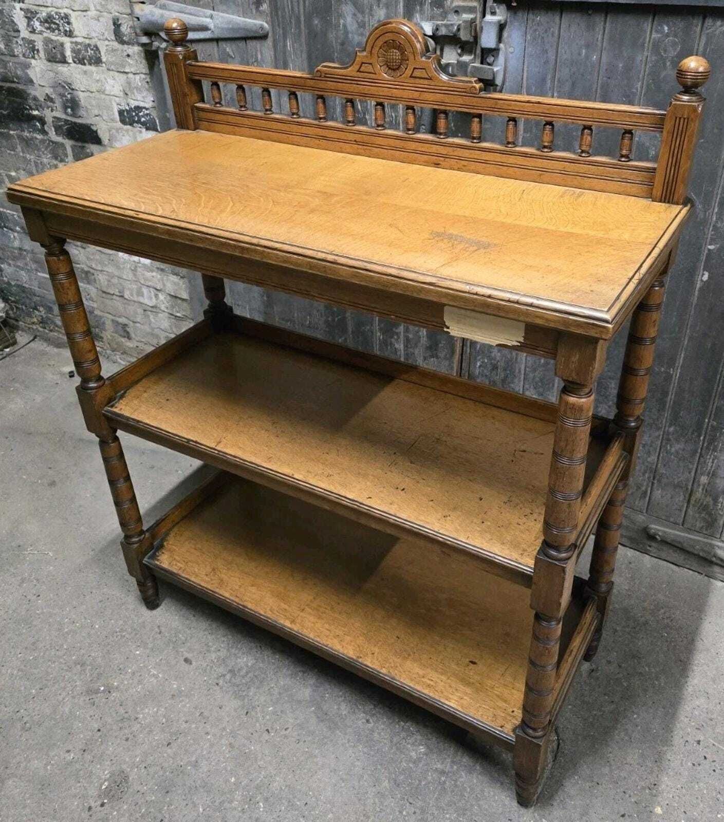 Antique 19th Century Victorian Oak Three Tier Buffet Whatnot Shelving Unit photo vinterior